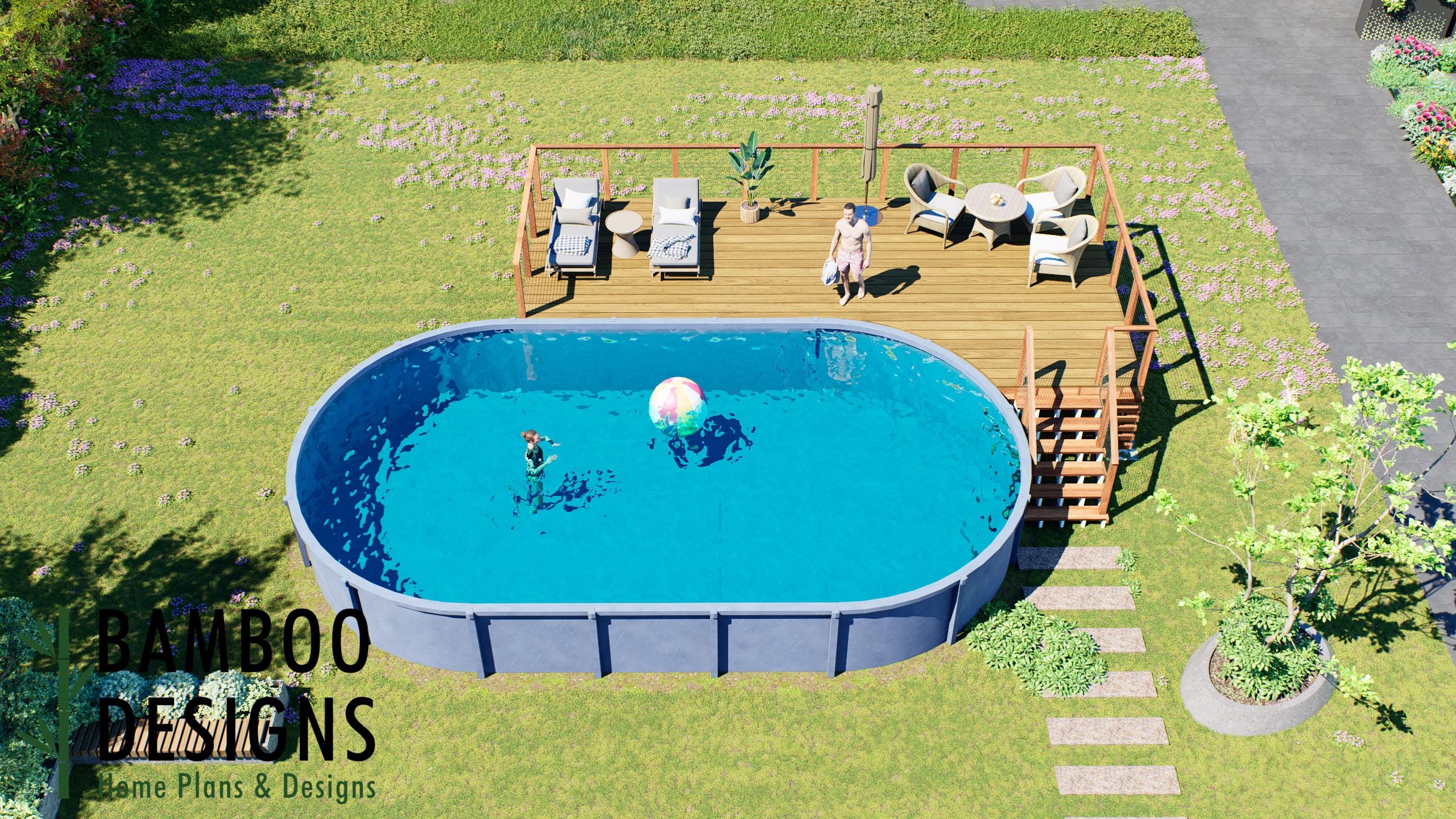 Image of Pioneer Oval Pool Deck Plan - 15x30 Above-Ground Pool Deck with Staircase & Expansive Entertainment Area | DIY PDF Plans
