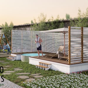 Malibu Pool Deck Plan – 12x17 Deck with 8ft Pool Cutout + Outdoor Living Privacy Wall for Above Ground Pool