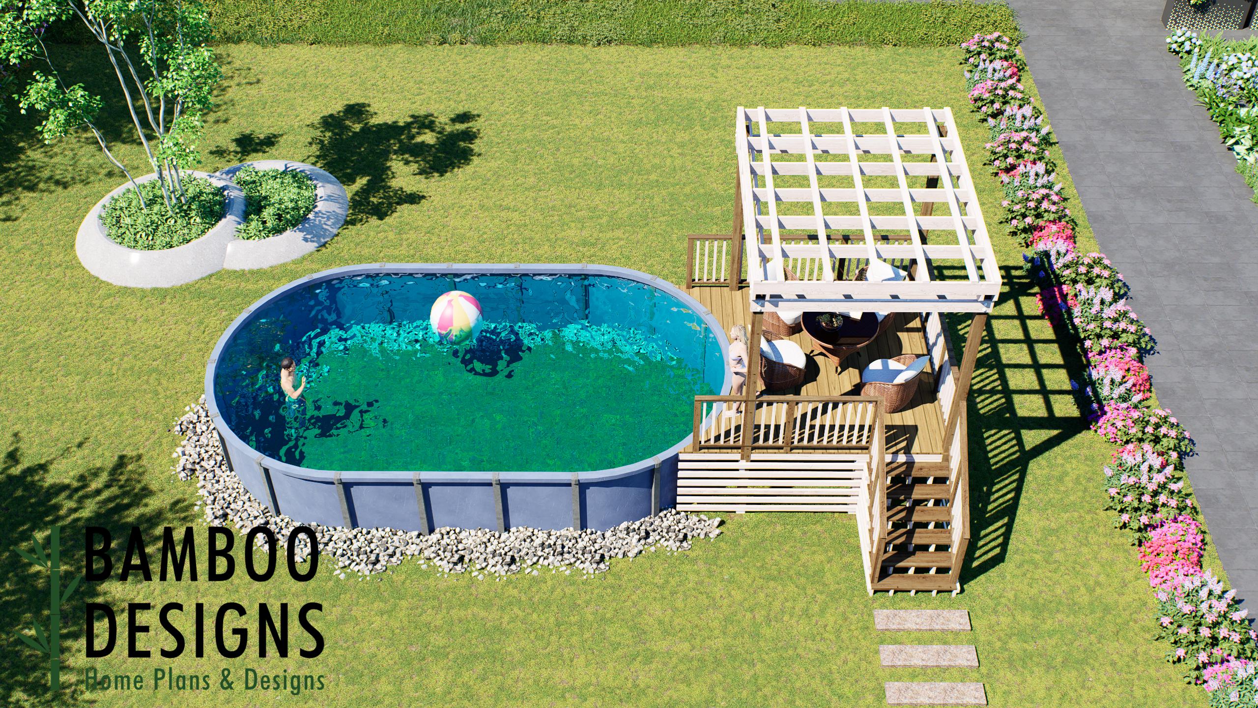 Image of Ralph Oval Pool Deck Plan – 10x12 Above-Ground Pool Entry Deck with Staircase & Gathering Platform | DIY PDF Plans