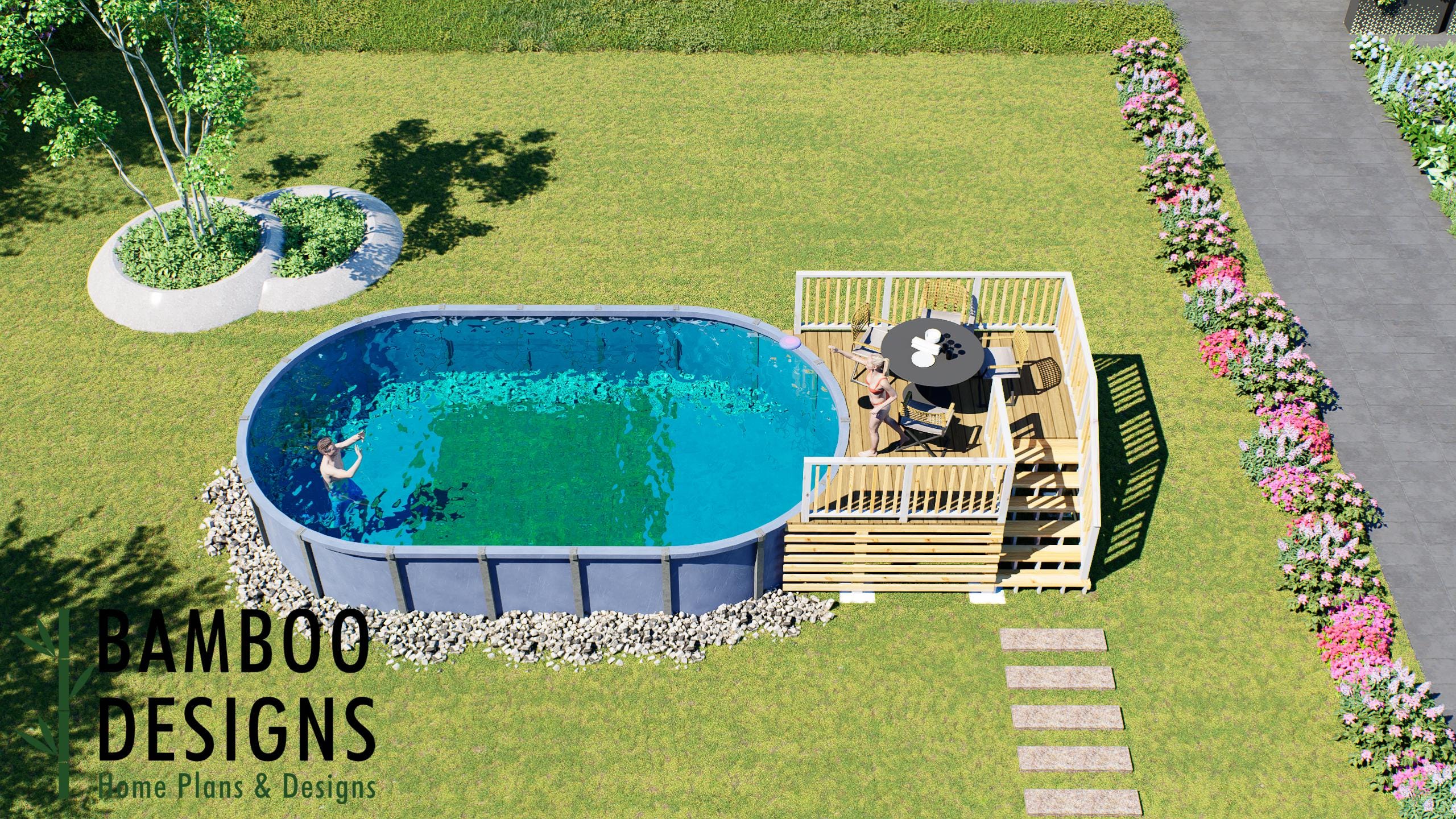 Image of Caleb Oval Pool Deck Plan - 10x12 Above-Ground Pool Entry Deck with Staircase & Gathering Platform | DIY PDF Plans