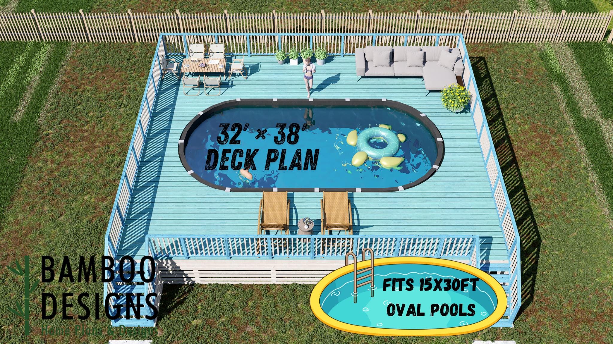 Image of Dusty Oval Pool Deck Plan - 15x30 Pool | 32x38 Full Deck Layout | DIY PDF Plans