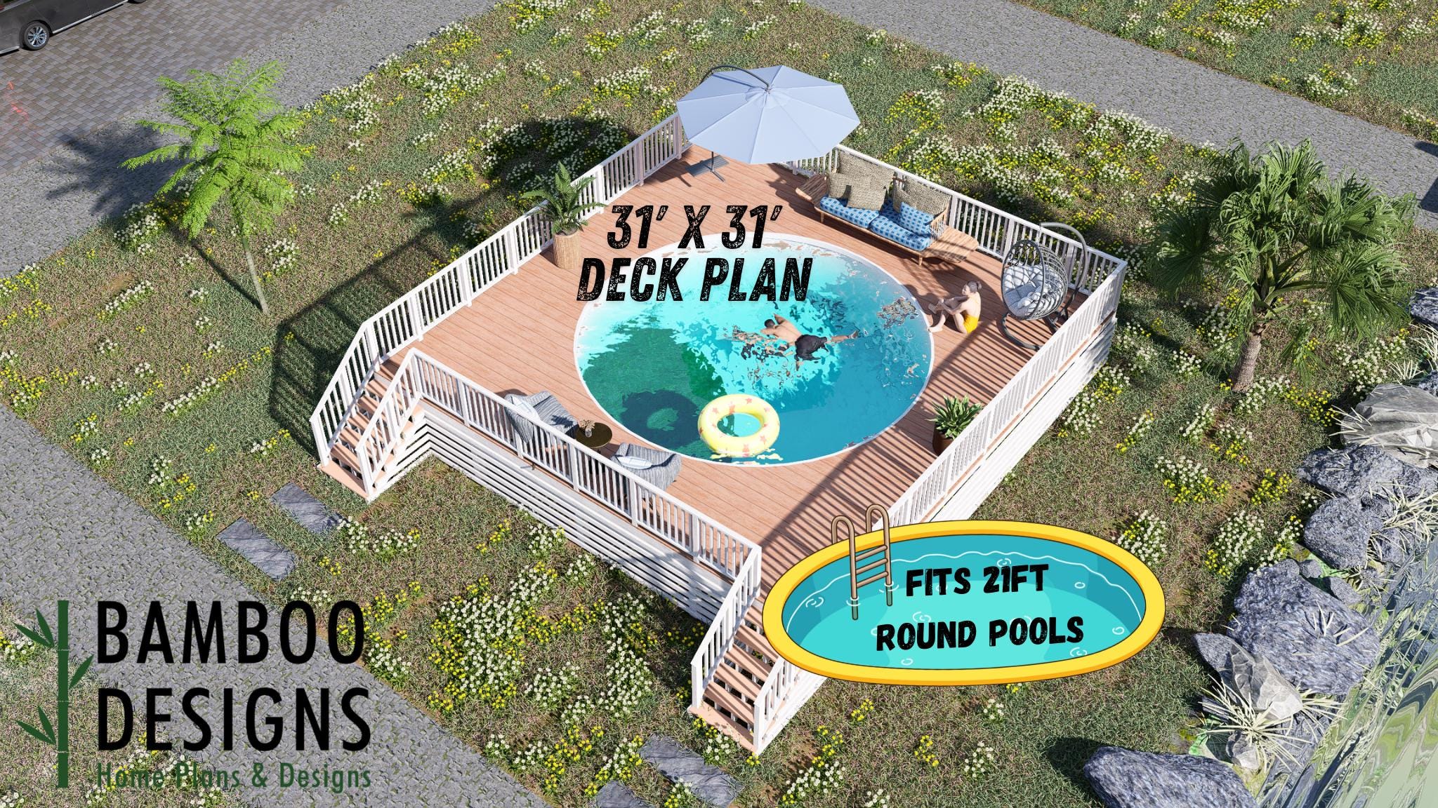 Image of Green Valley Circle Pool Deck Plan - 31x31 Wrap Around Deck with Dual 6-Step Staircases | DIY PDF Plans