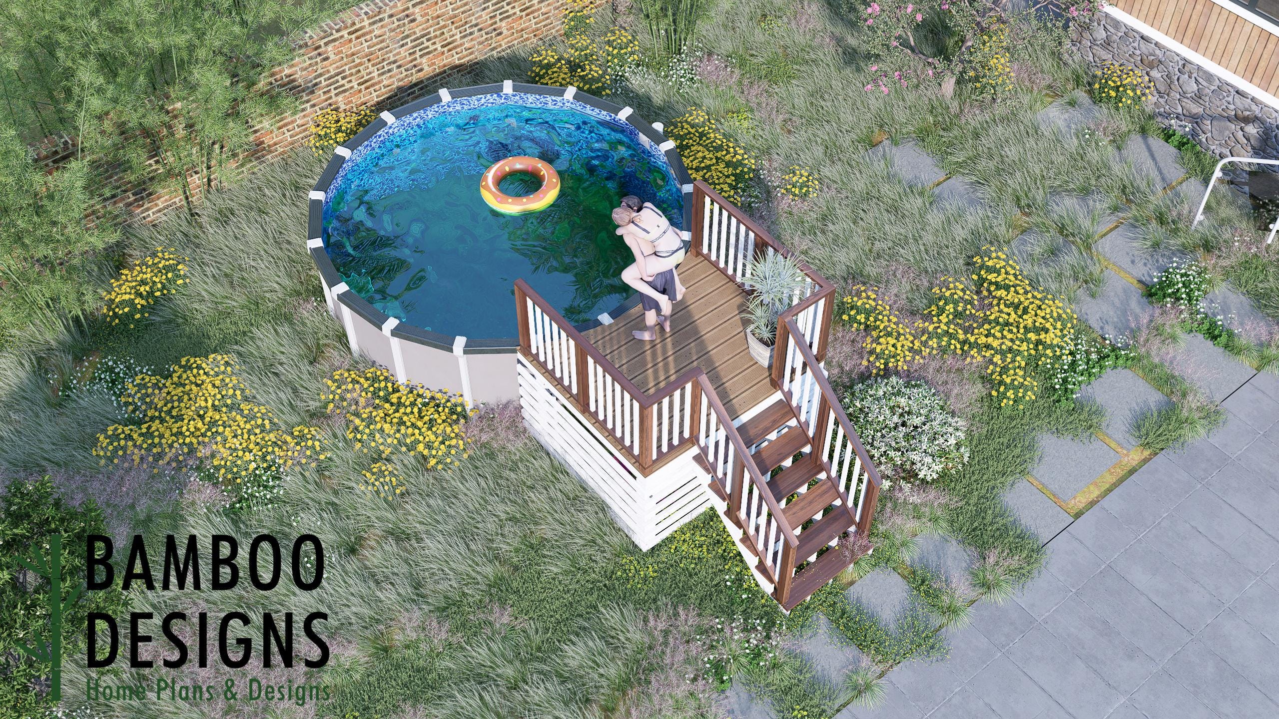Image of Taro Circle Pool Deck Plan - 6x8 Above-Ground Pool Entry Deck with Staircase | DIY PDF Plans for 14' Round Pools