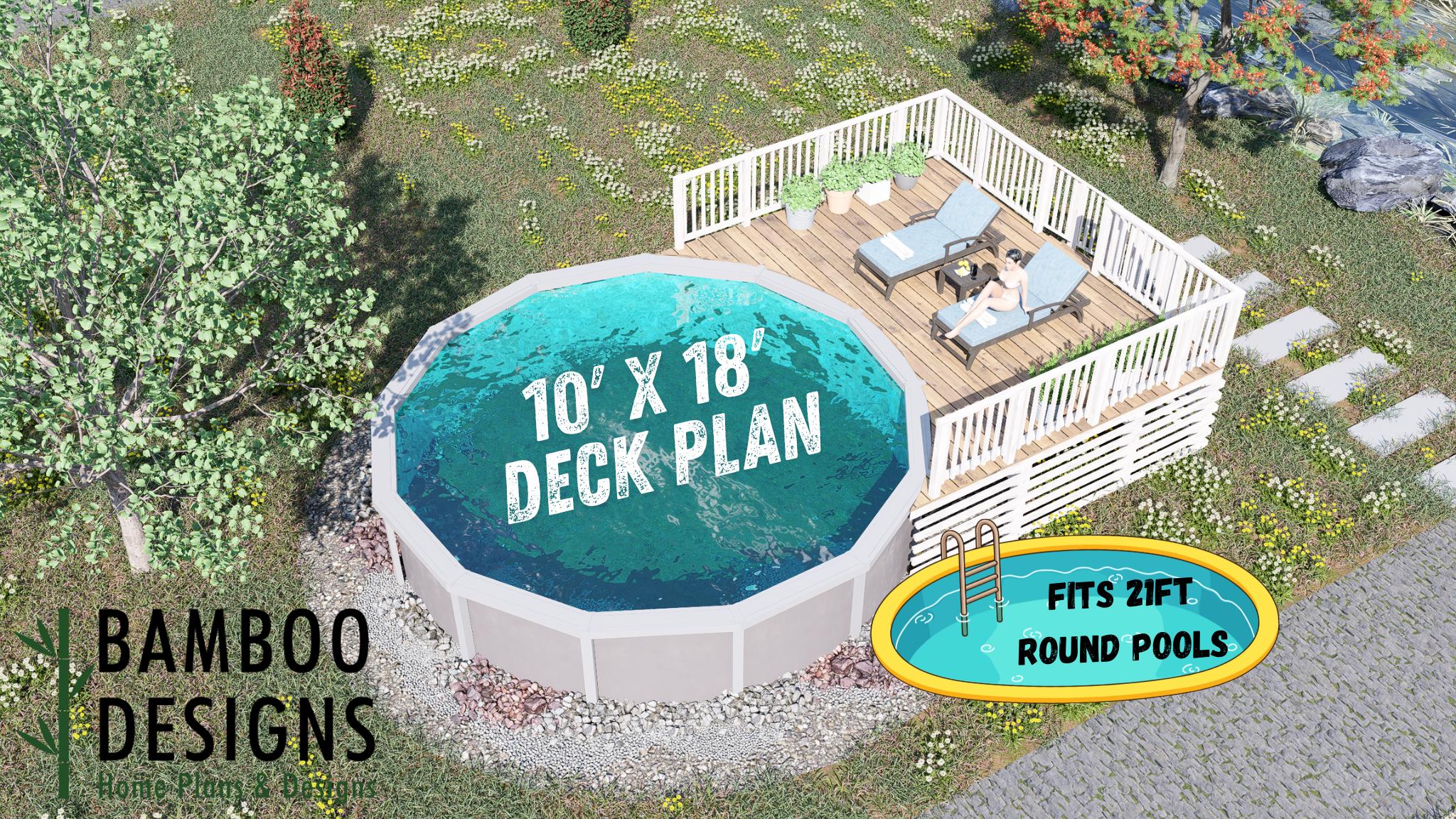 Image of Oak Trail Shores Circle Pool Deck Plan - 10x18 Elevated Deck with 6-Step Staircase | DIY PDF Plans
