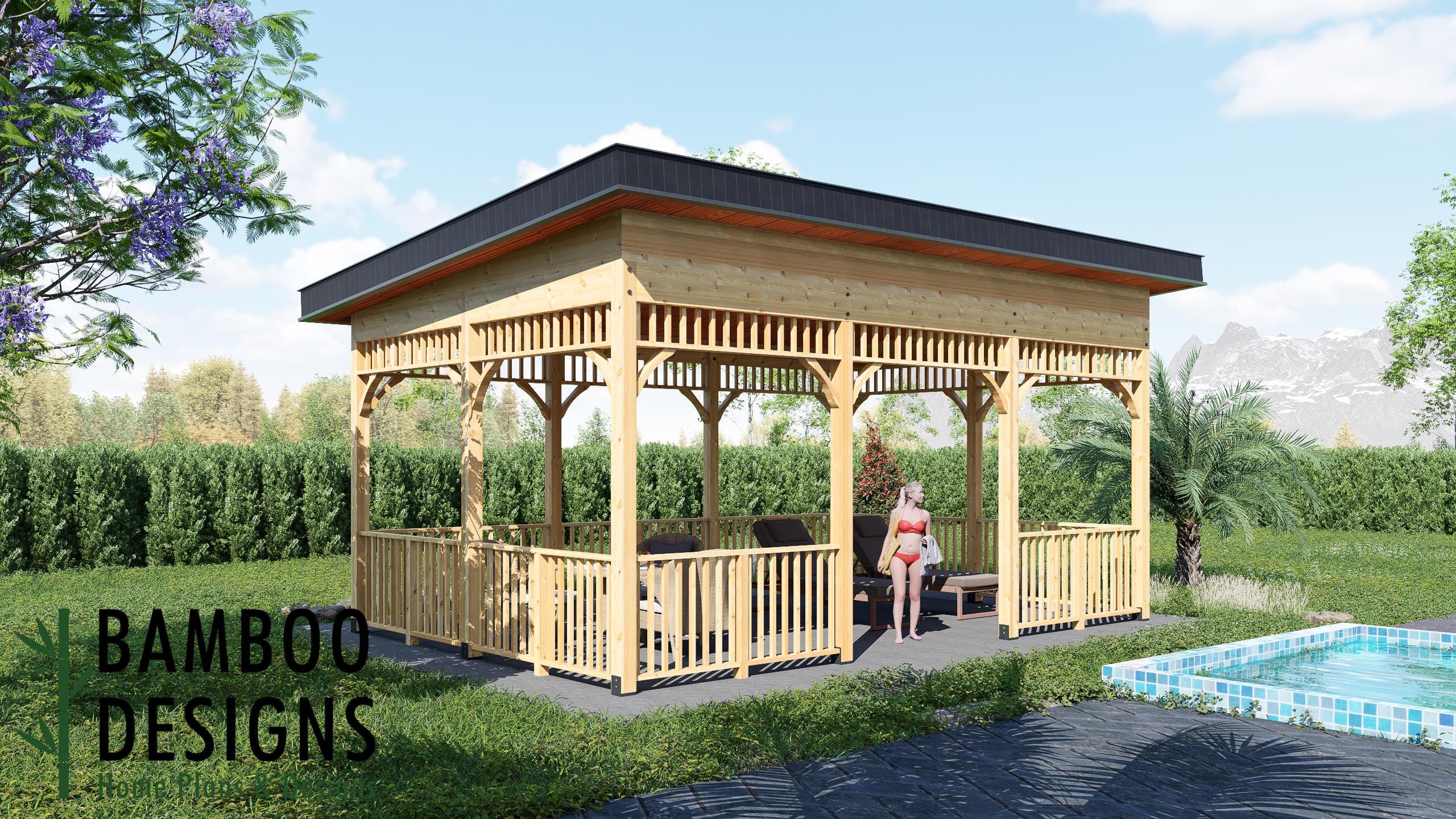 Image of Gela 16x24 Gazebo Plan - Modern Sloped Roof Pavilion | DIY Outdoor Lounge, Dining & Poolside Shelter | PDF Building Plans