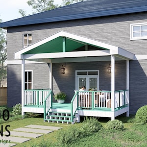 May include: Exterior view of a two-story house with a porch. The porch has a green ceiling and white trim. The house is gray with a dark blue roof. The image includes the text "BAMBOO DESIGNS Home Plans & Designs".