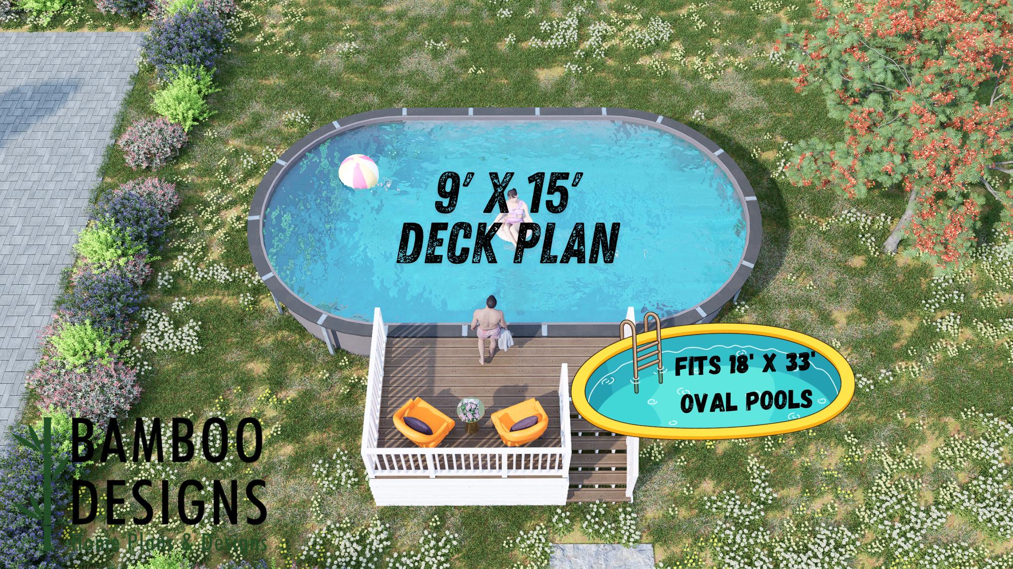 Image of Savannah 18x33 Oval Pool Deck Plan - 9x15 Family Lounge Deck with Safety Railings | DIY PDF Plans