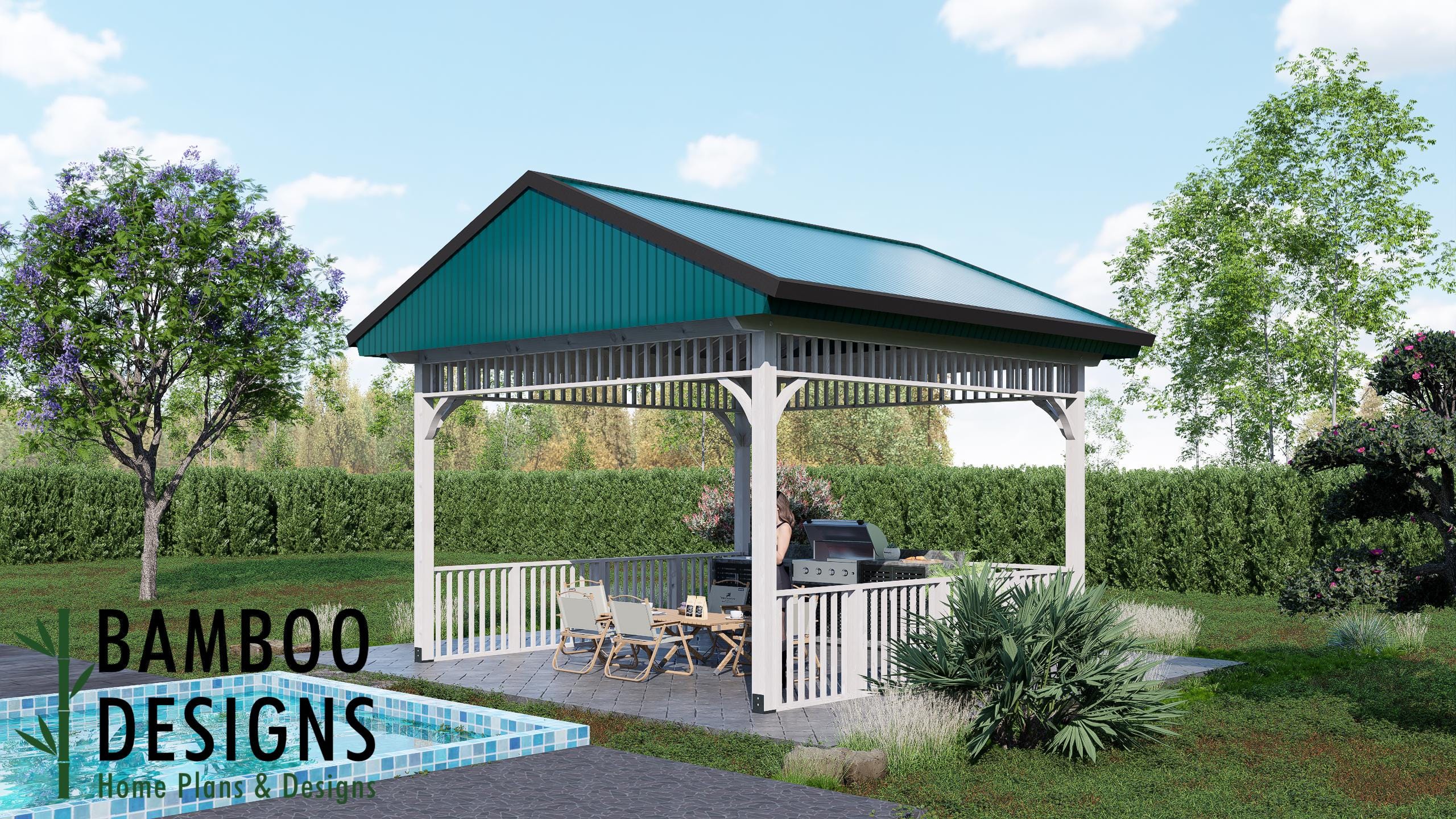 Image of Lisbon 16x16 Gabled Roof Gazebo Plan - Covered Outdoor Pavilion with Railings | DIY Backyard Structure PDF