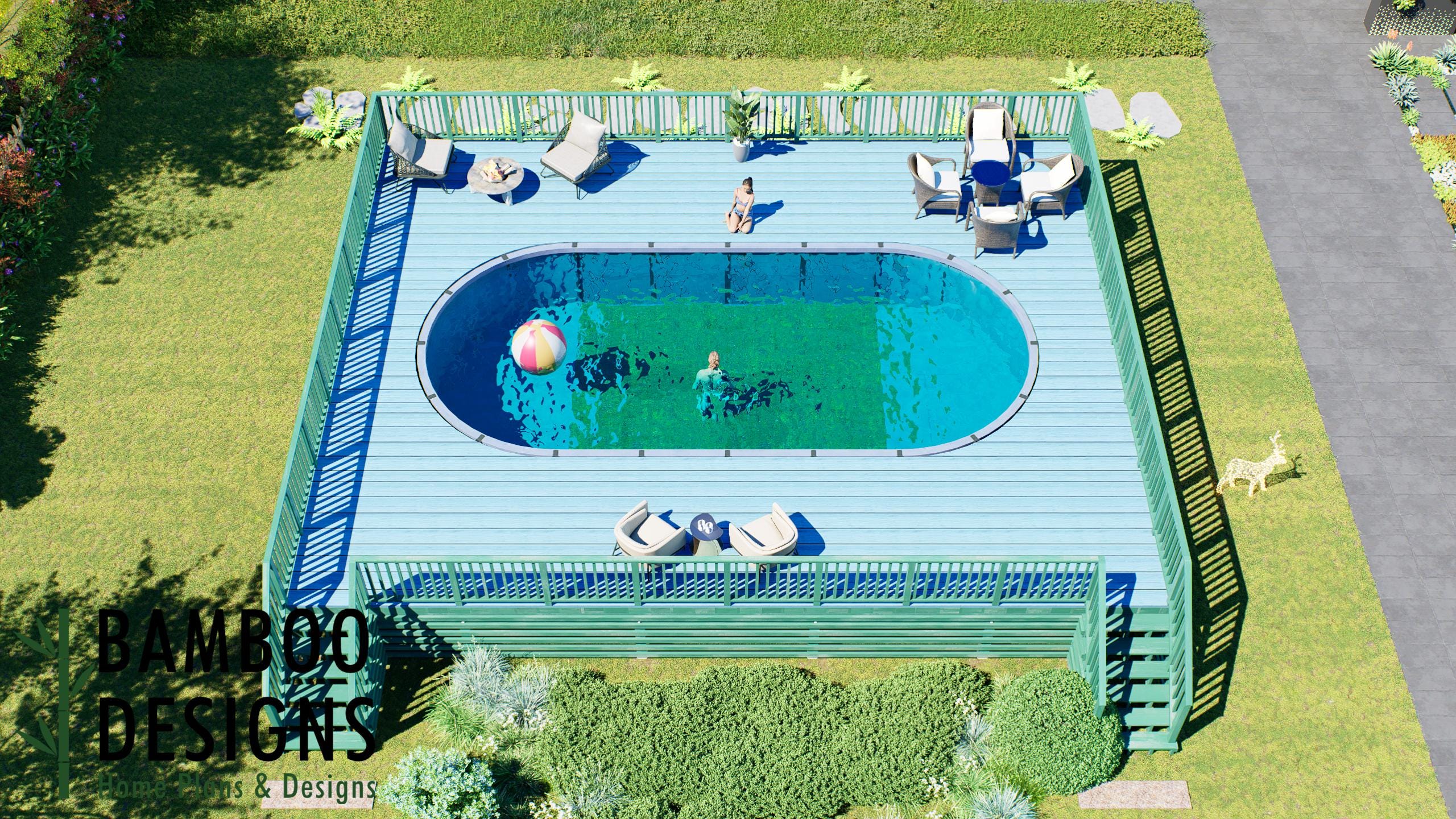 Image of Ofumi Oval Pool Deck Plan - 32' x 40' Above-Ground Pool Deck for 16' x 32' Oval Pools with Dual Stair Access | DIY PDF Plans
