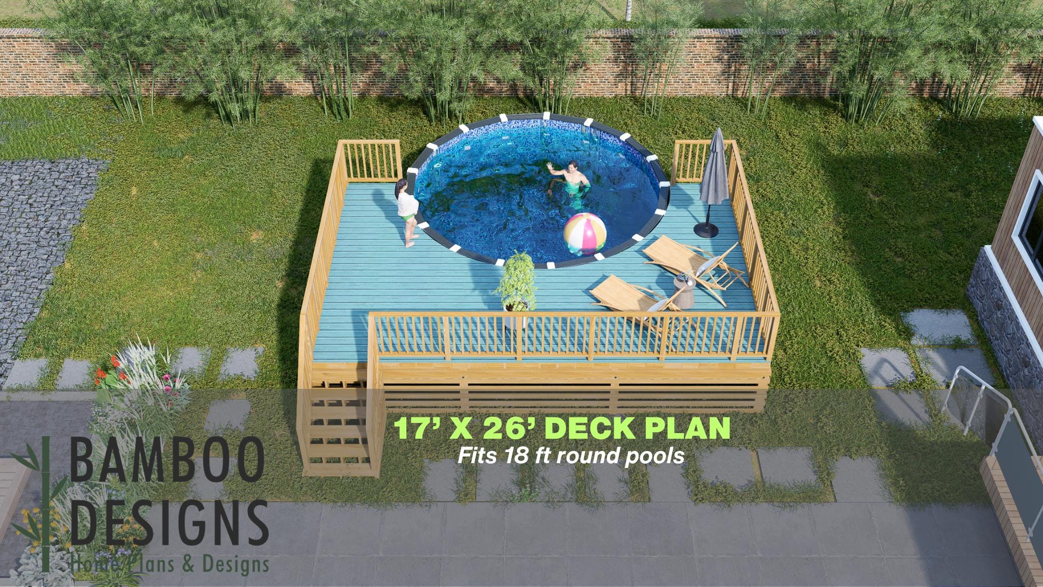 Image of Jupiter 17x26 Pool Deck Plan - Elevated Above-Ground Pool Deck with Railing | PDF + DWG DIY Plans