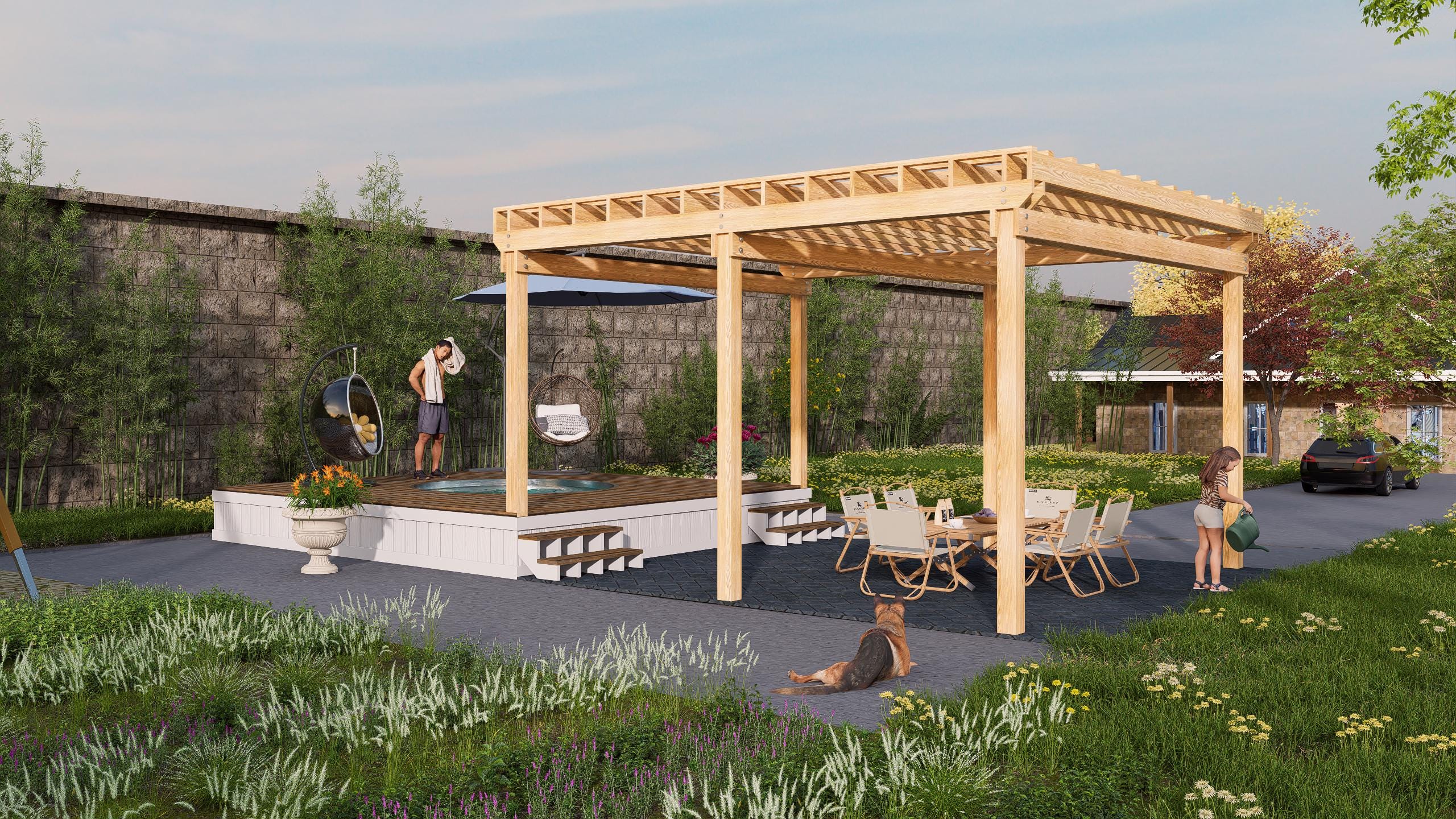 Image of Sunrise Pergola Pool Deck Plan - 16x16 Deck with 8ft Pool Cutout + Full-Size 16x16 Pergola