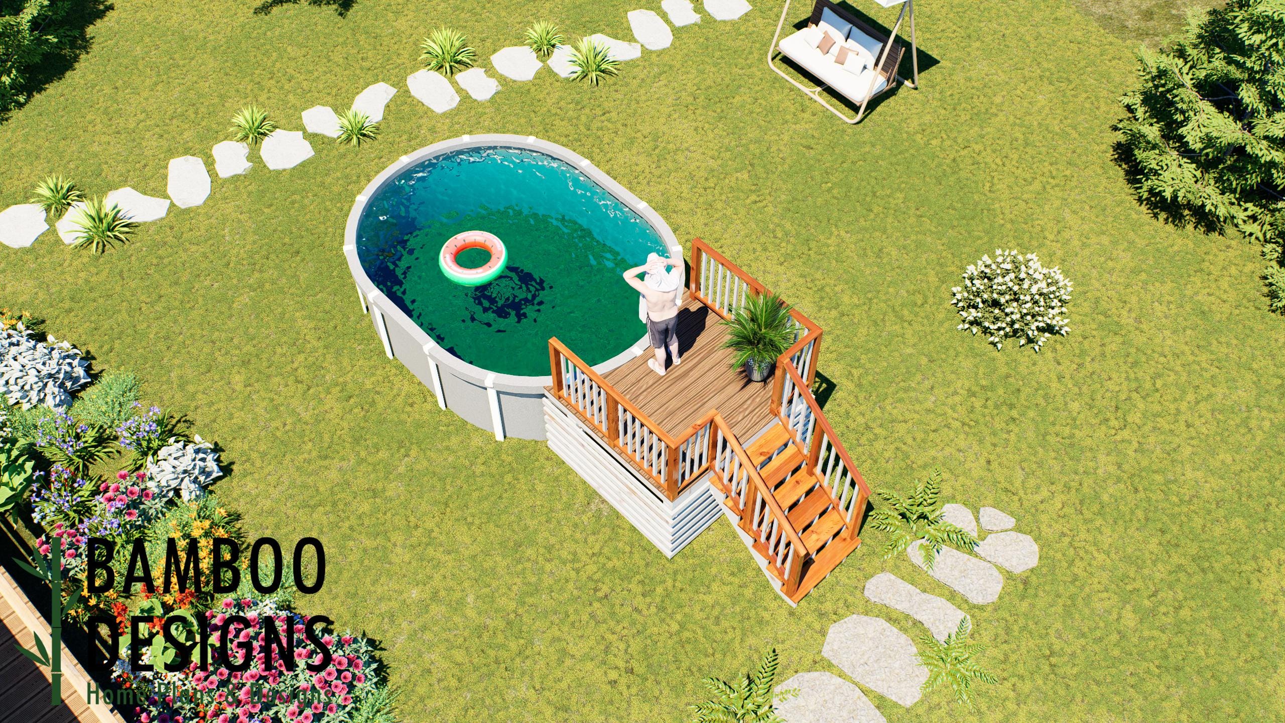 Image of Messi Oval Pool Deck Plan - 6x8 Above-Ground Pool Entry Deck with Staircase & Safety Railings | DIY PDF Plans