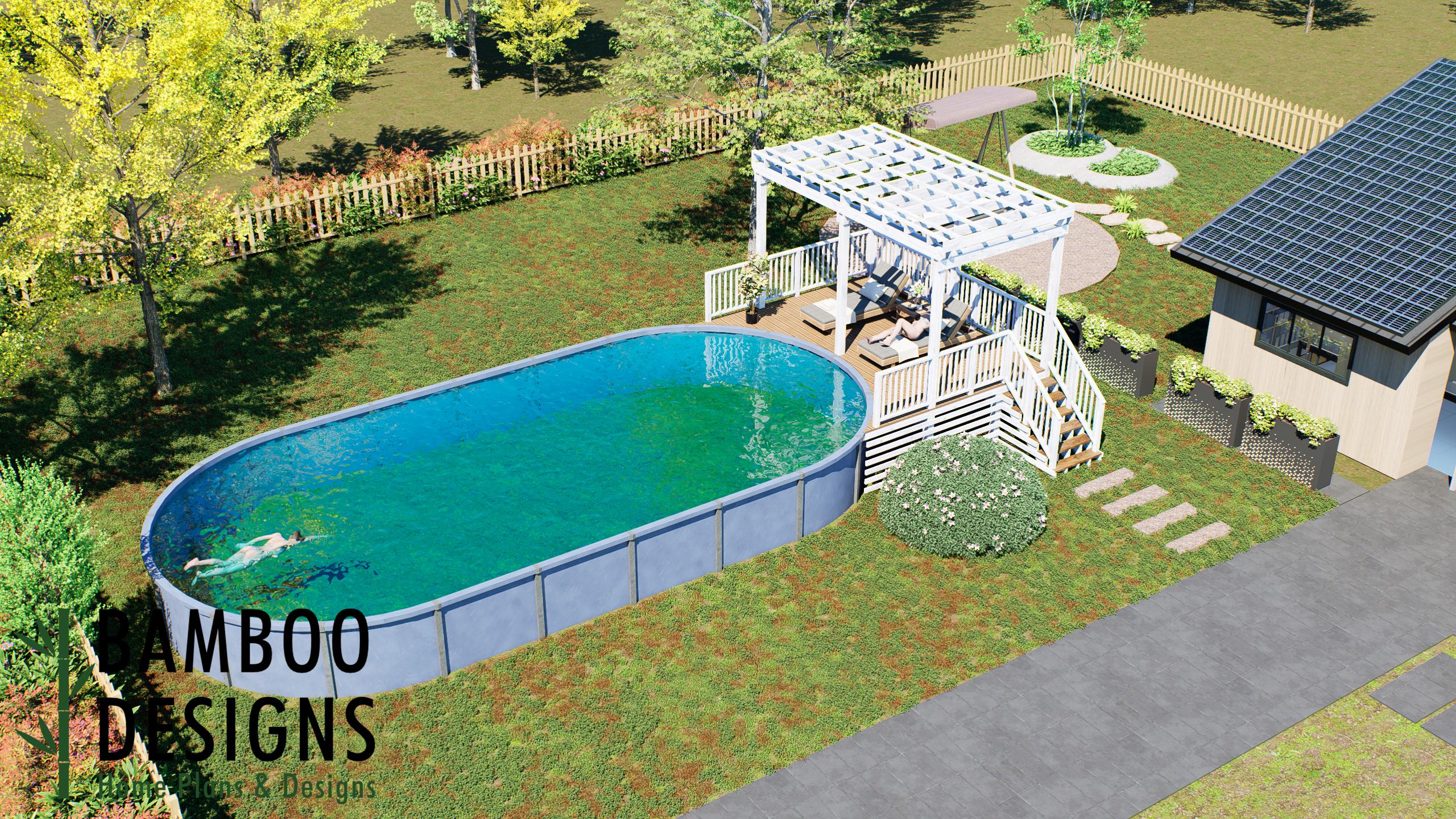 Image of Serena Oval Pool Deck Plan – 10'x18' Above-Ground Pool Deck with Staircase & Safety Railings | DIY PDF Plans