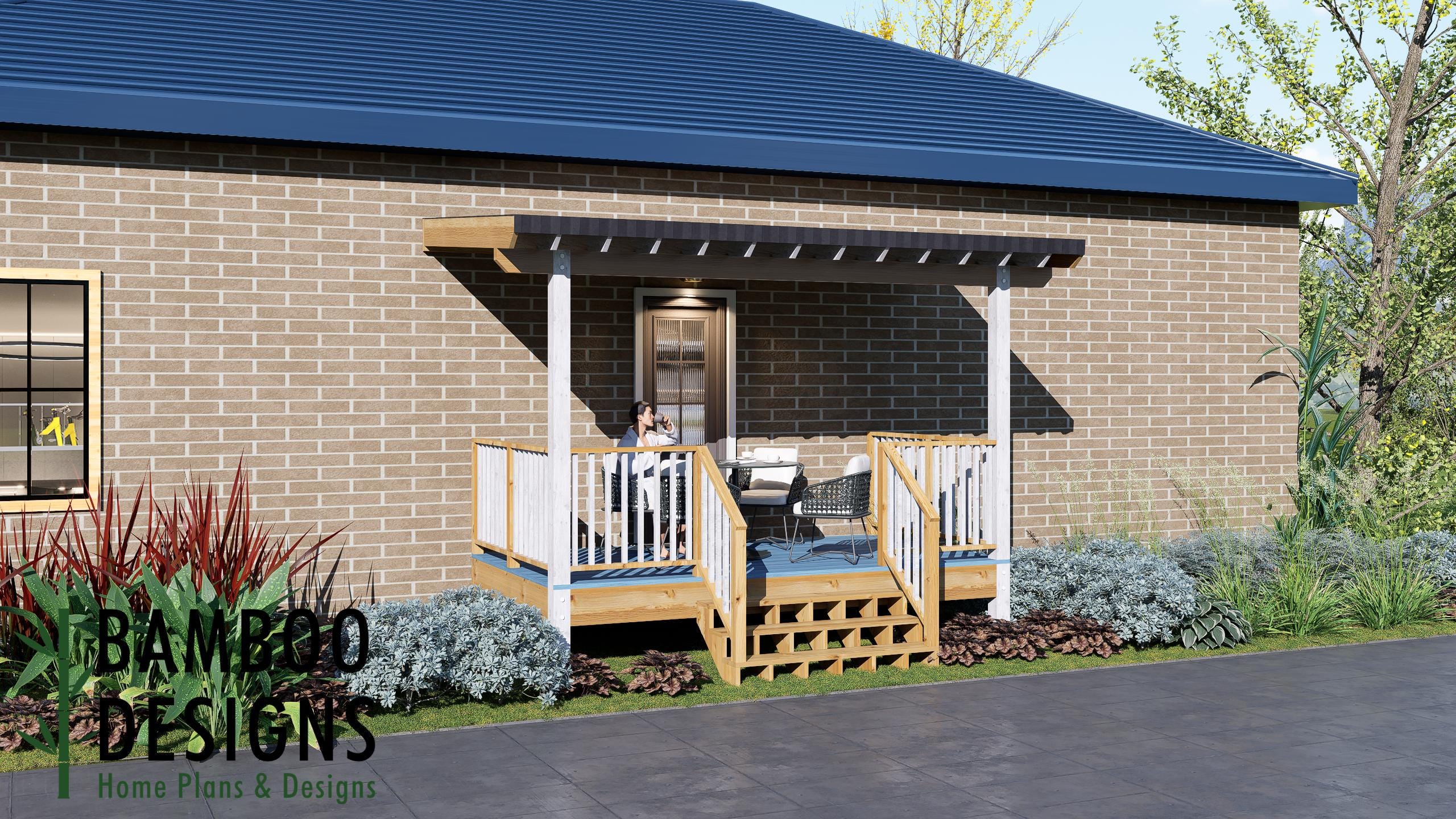 Image of Leira 8x14 Deck Plan with Mono Slope Porch - Compact Covered Deck for Small Backyards