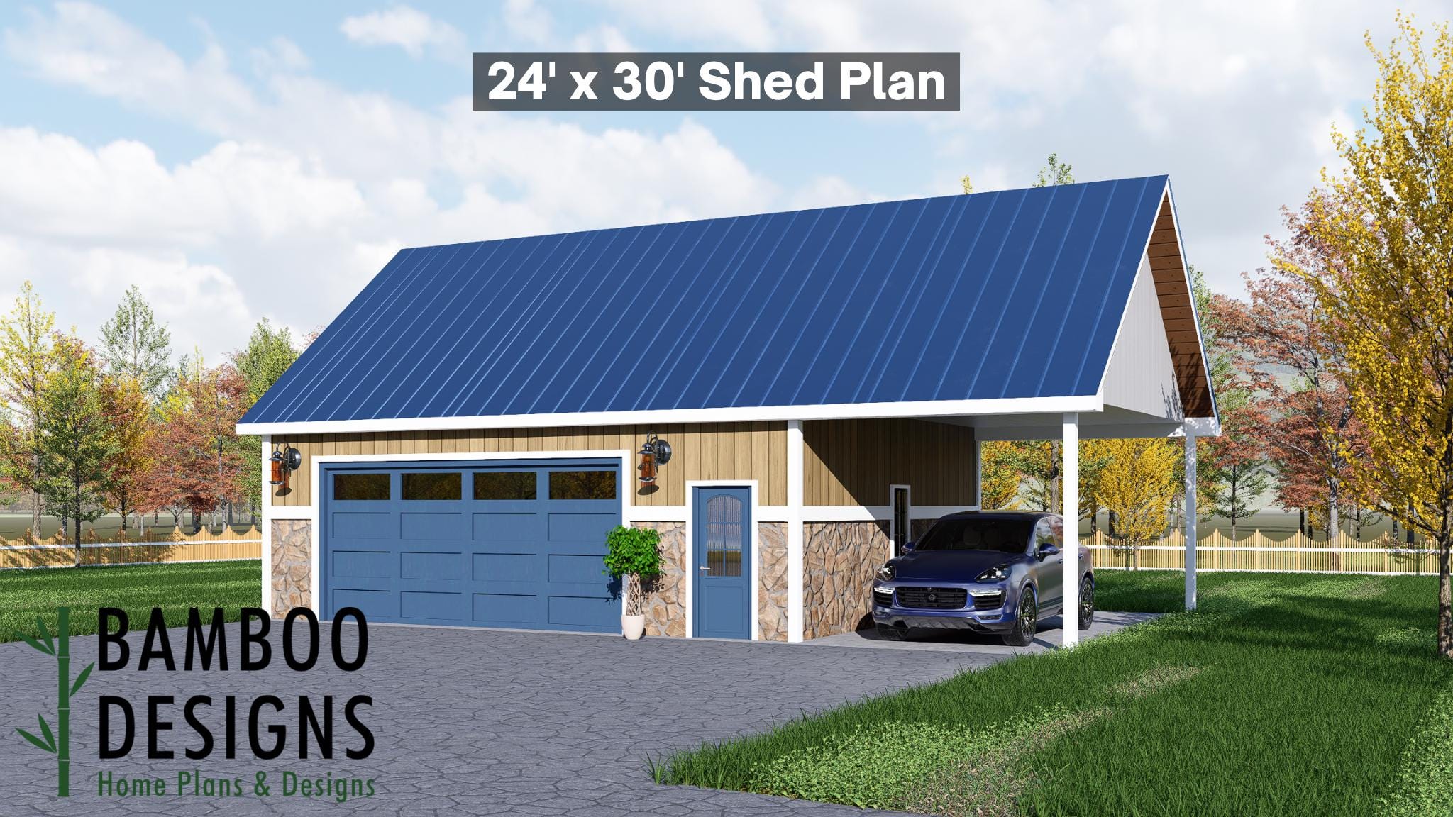 Image of Collins 24x30 Garage Shed Plan - A Two-Tone Garage with Stone Accents & Modern Blue Trim