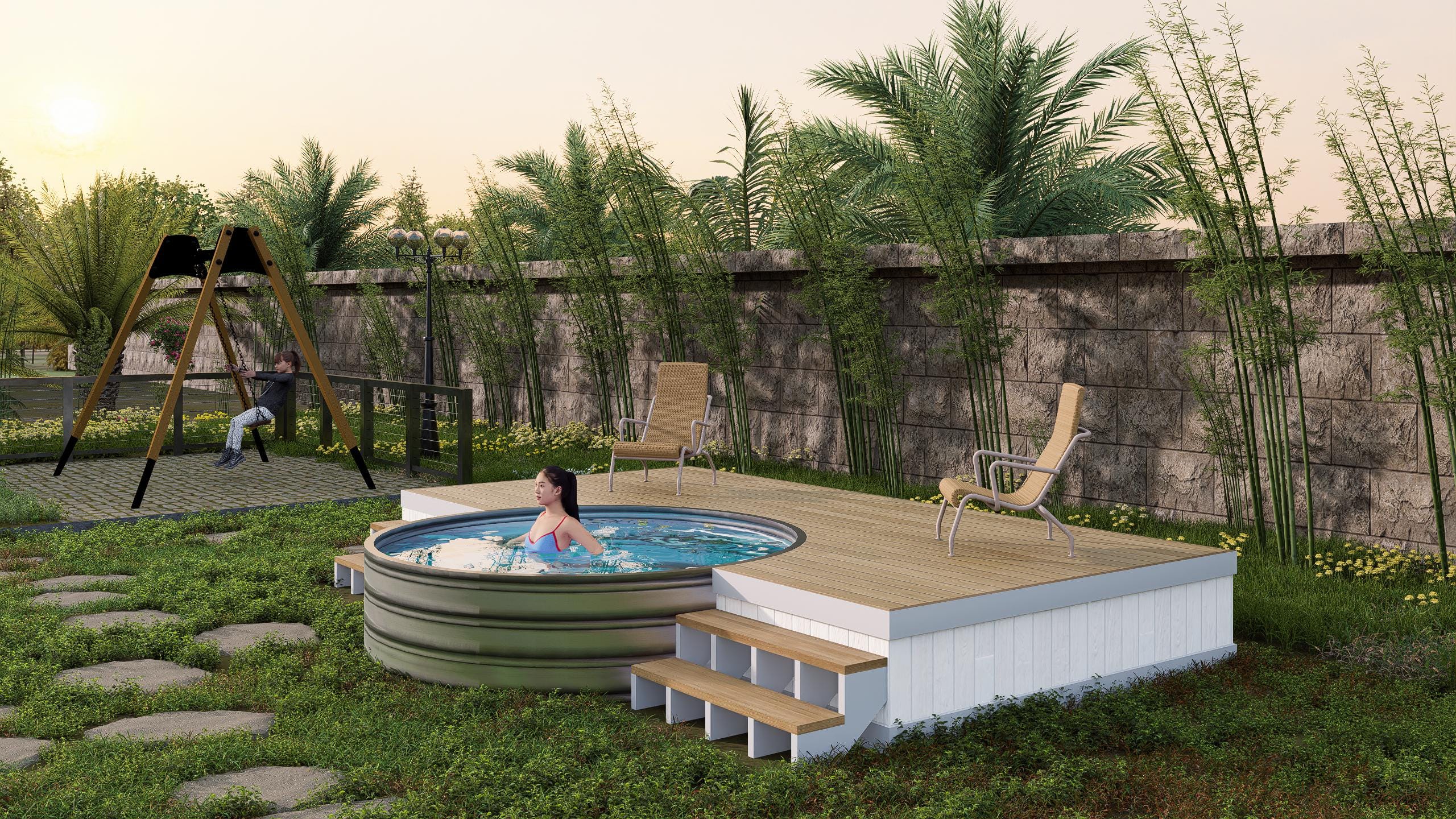Image of Laguna Pool Deck Plan - 8x16 Deck with 8ft Pool Cutout + Modern Backyard Retreat