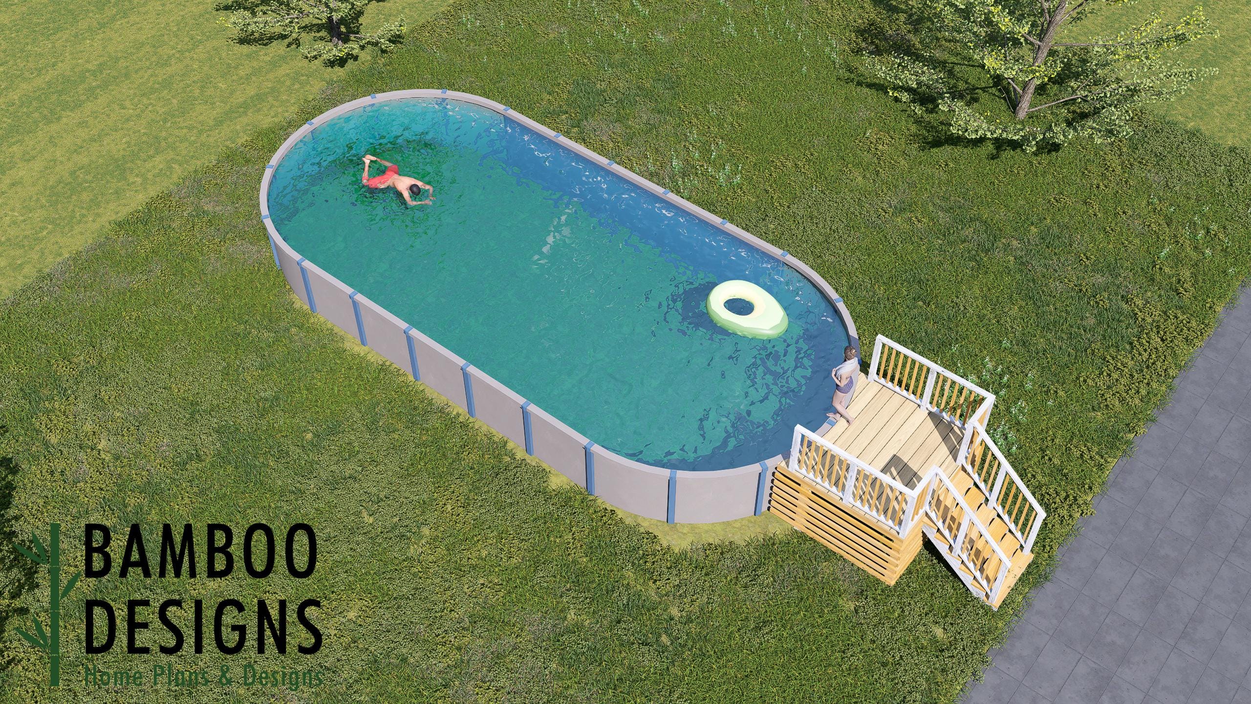 Image of Vani Oval Pool Deck Plan - 6'x8' Compact Above-Ground Pool Entry Deck for 18'x40' Oval Pools with Staircase | DIY PDF Plans