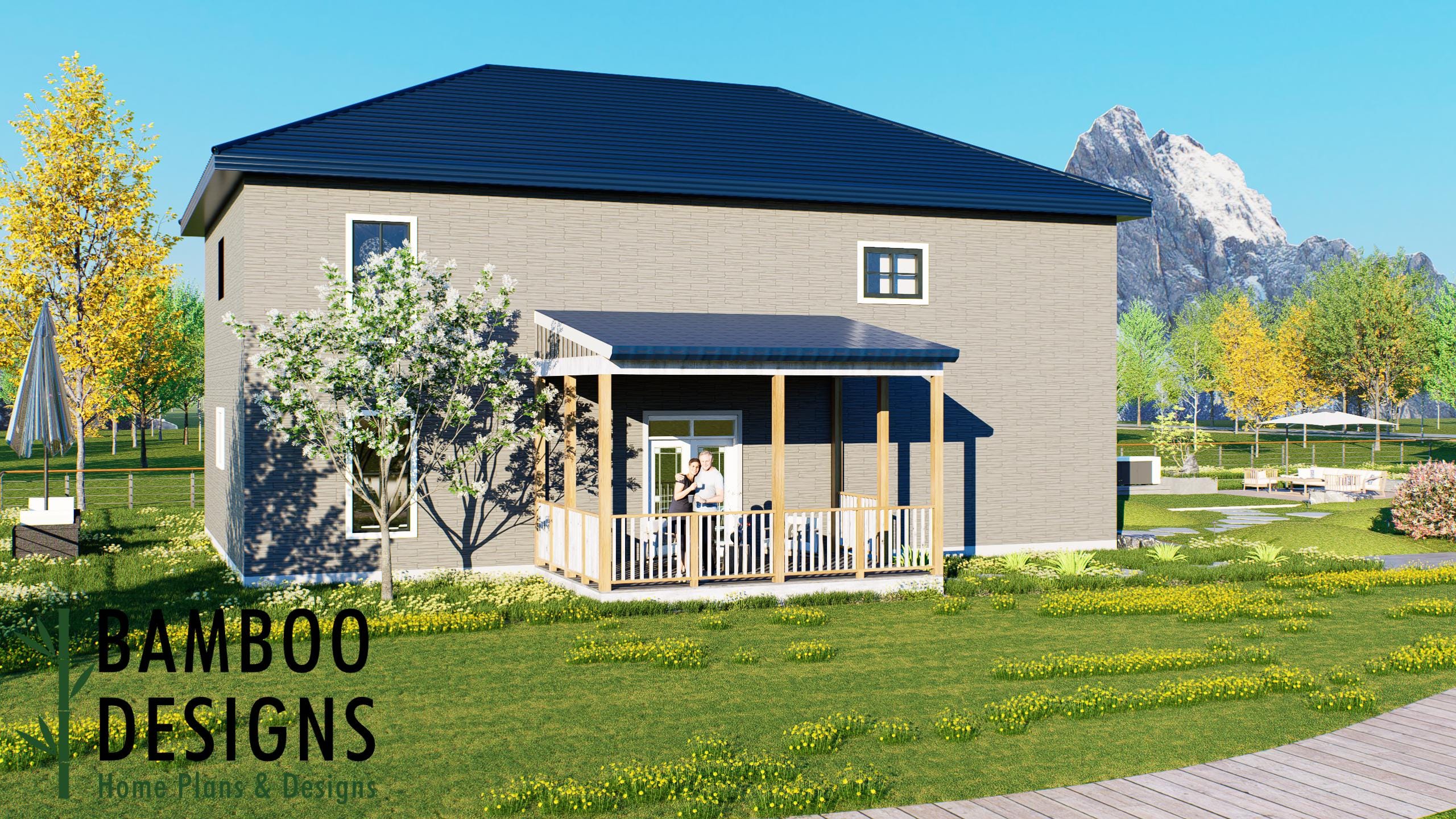 Image of Dessie 12x18 Covered Deck Plan - Ground Level Deck with Gable Porch Roof | DIY PDF Plans
