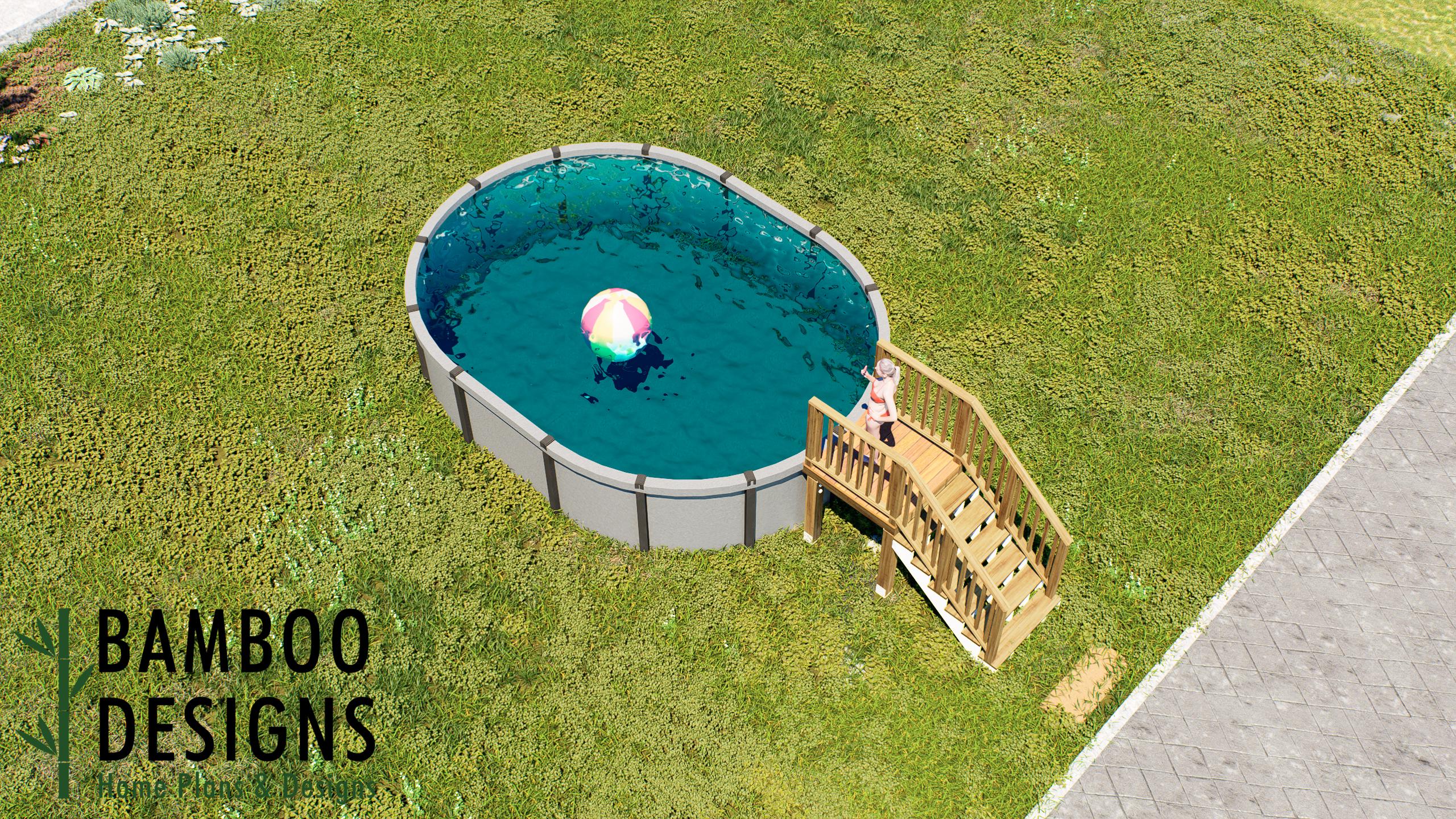Image of Goro Oval Pool Deck Plan – Compact 4x4 Above-Ground Pool Entry Deck with Staircase & Railing | DIY PDF Plans