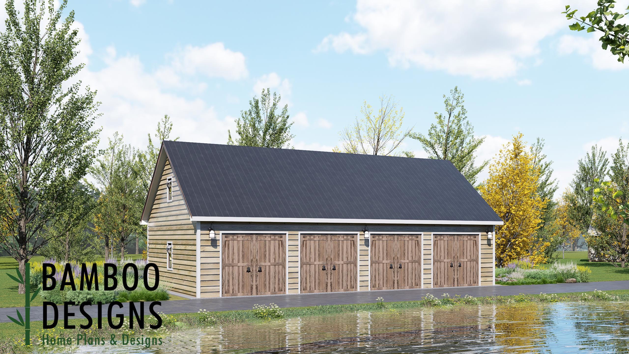 Image of Rhodey 24x48 Gable Roof Garage Shed Plan - Expansive Multi-Bay Workshop & Classic Barn-Style Garage | DIY PDF Plans