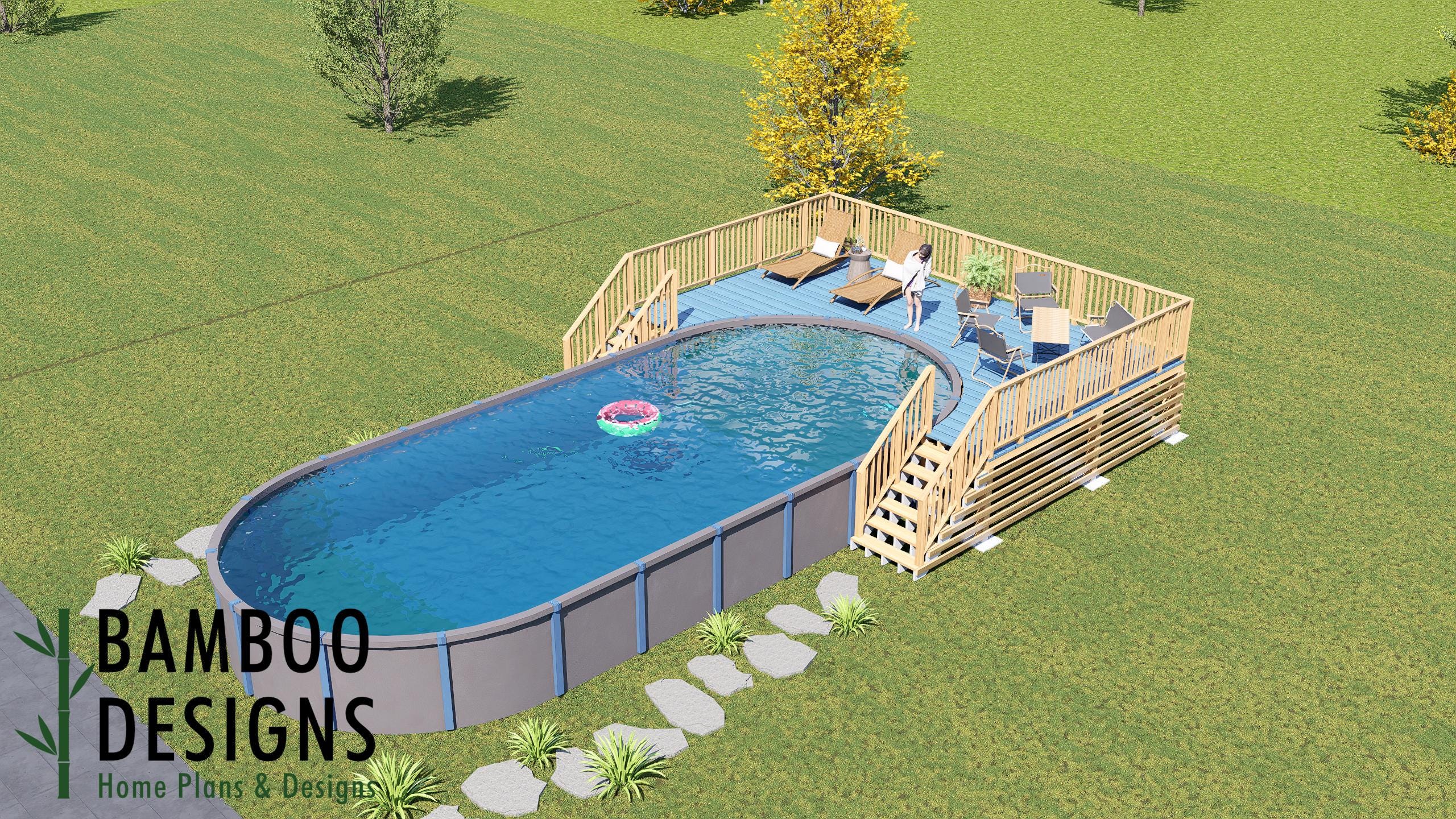 Image of Roma Oval Pool Deck Plan - 17'x26' Above-Ground Pool Deck for 18'x40' Oval Pools with Staircase | DIY PDF Plans