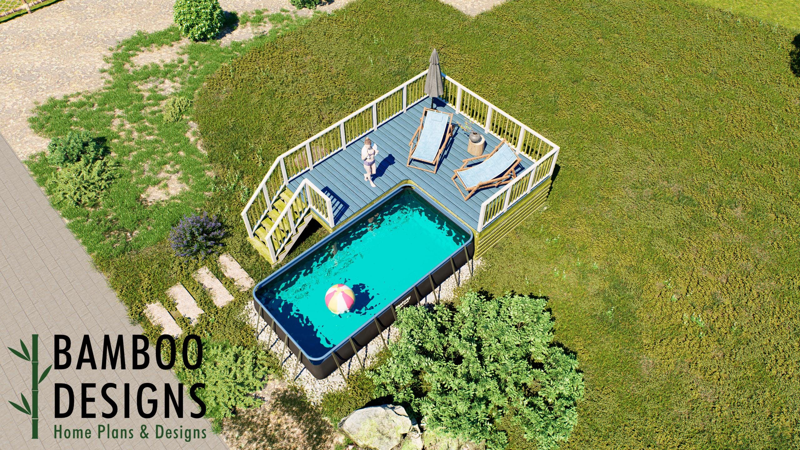 Image of Kone 16x19 Pool Deck Plan — Large Rectangular Deck for 18' x 9' x 48" Above Ground Pool | DIY PDF Plans