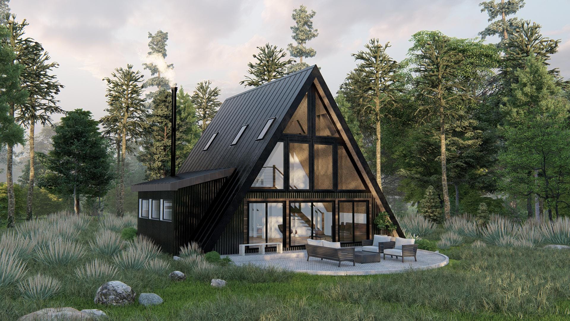 Image of Pine Crest Retreat - A-Frame Cabin House Plan (928 SF) - 2 Bed 2 Bath - Modern Loft Design - PDF + DWG Download