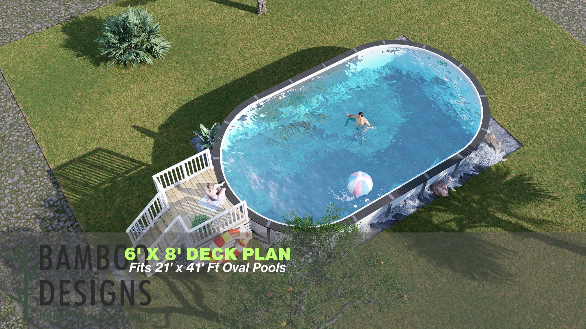 Image of El Mirage Oval Pool Deck Plan - 6x8 Elevated Entry Deck with 6-Step Staircase | DIY PDF Plans
