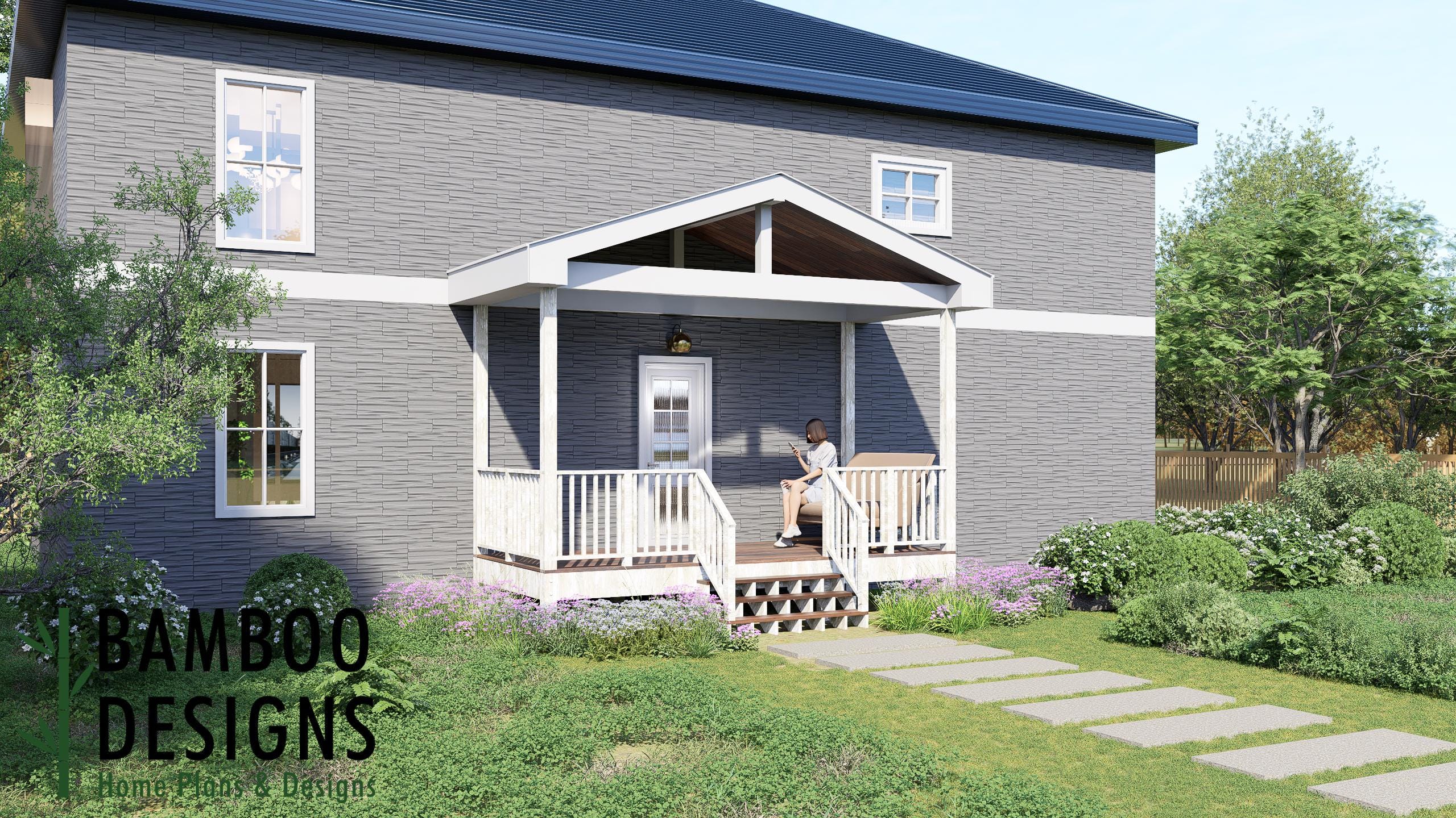 Image of Daisy 8x18 Deck with Gable Porch Plan - Extra-Long Covered Outdoor Living Deck | DIY PDF Plans