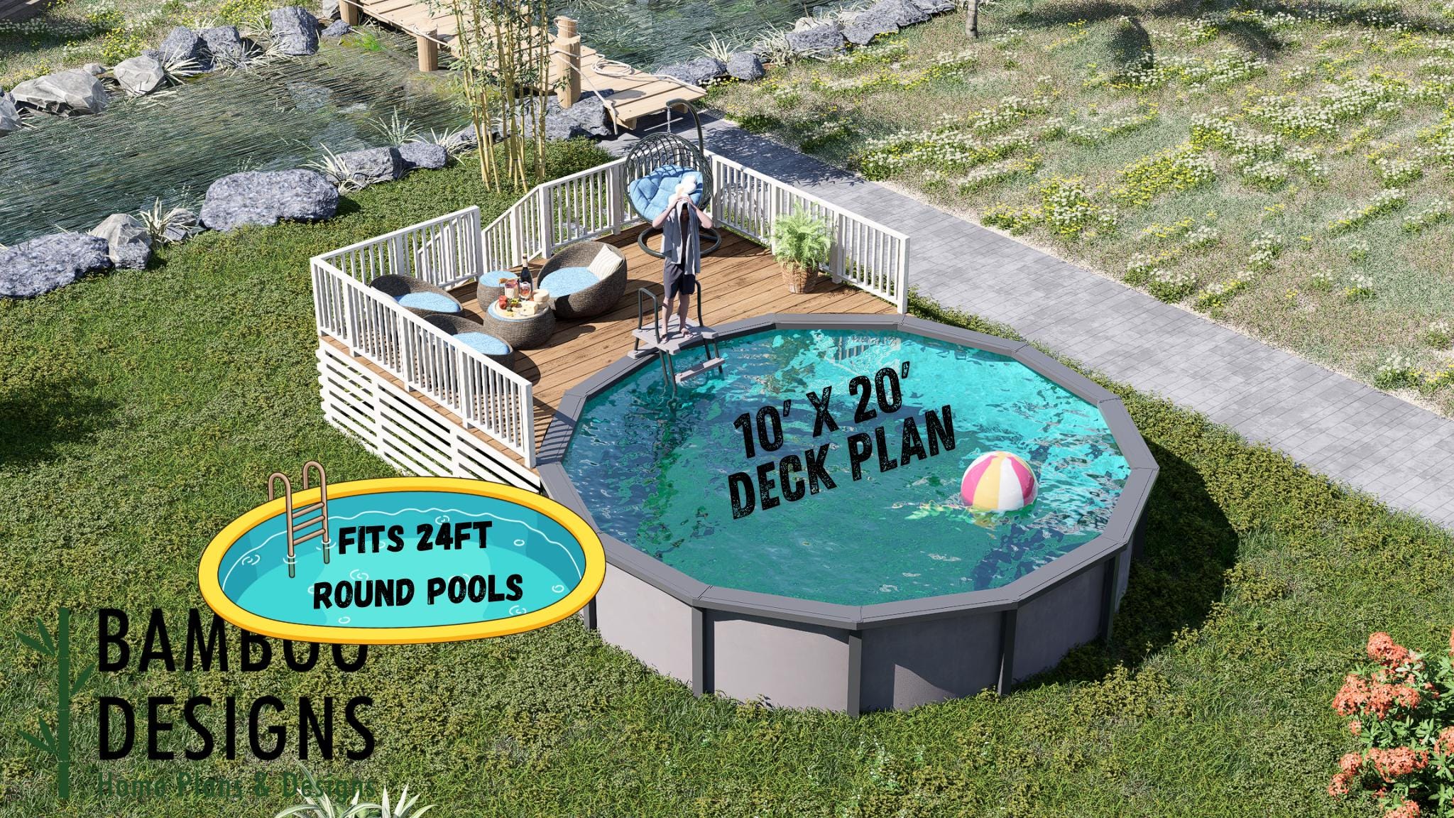 Image of Lynn Ranch 10x20 Circle Pool Deck Plan - Elevated Deck with Railings & Lounge Space | DIY PDF Plans