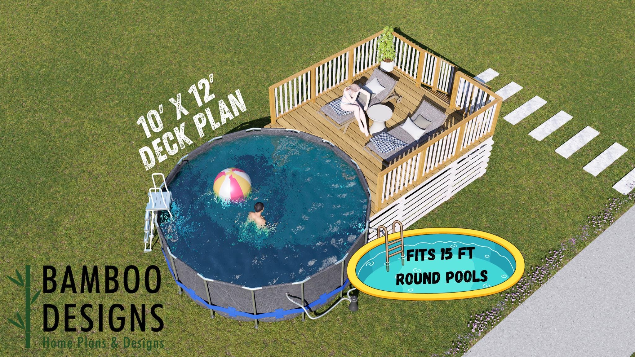 Image of Paz Circle Pool Deck Plan - 10x12 Pool Deck for 15' Round Pools | DIY PDF Plans