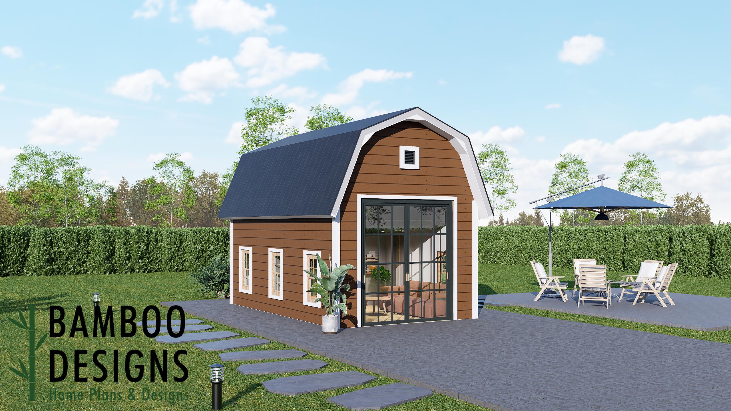 Image of Krebs 12x20 Tiny Home Plan - Gambrel Roof Backyard Cabin, ADU & Guest House | DIY PDF Plans