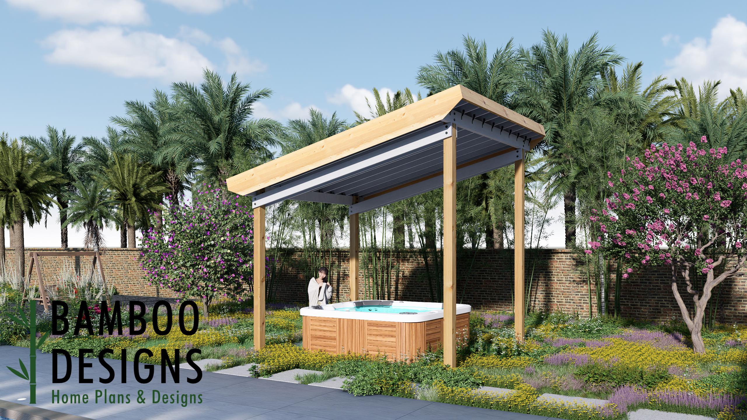 Image of ZenSky Jacuzzi Pergola Plan - 12x10 Open-Air Spa Cover | DIY Hot Tub Shelter PDF + DWG