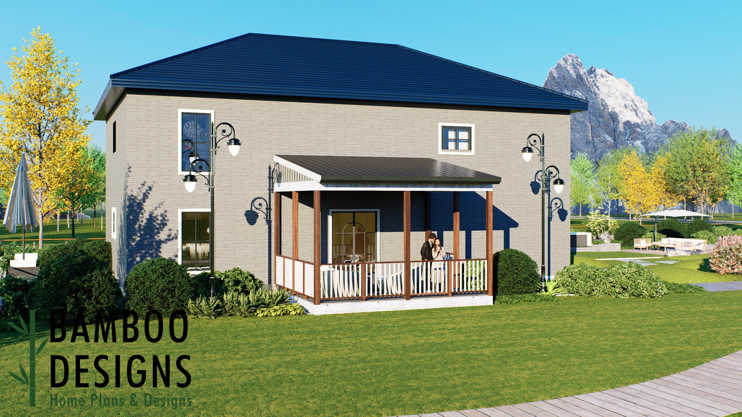 Image of Barcola 14x18 Covered Deck Plan — Ground-Level Backyard Deck with Classic Gable Porch Roof | DIY PDF Plans