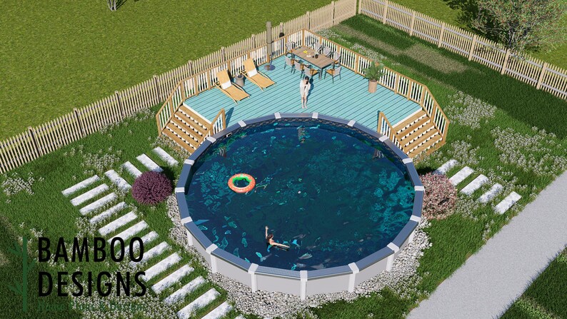 Pacific Crest – 30’ Round Pool Deck Plan | Massive 25x25 Wrap Deck ...