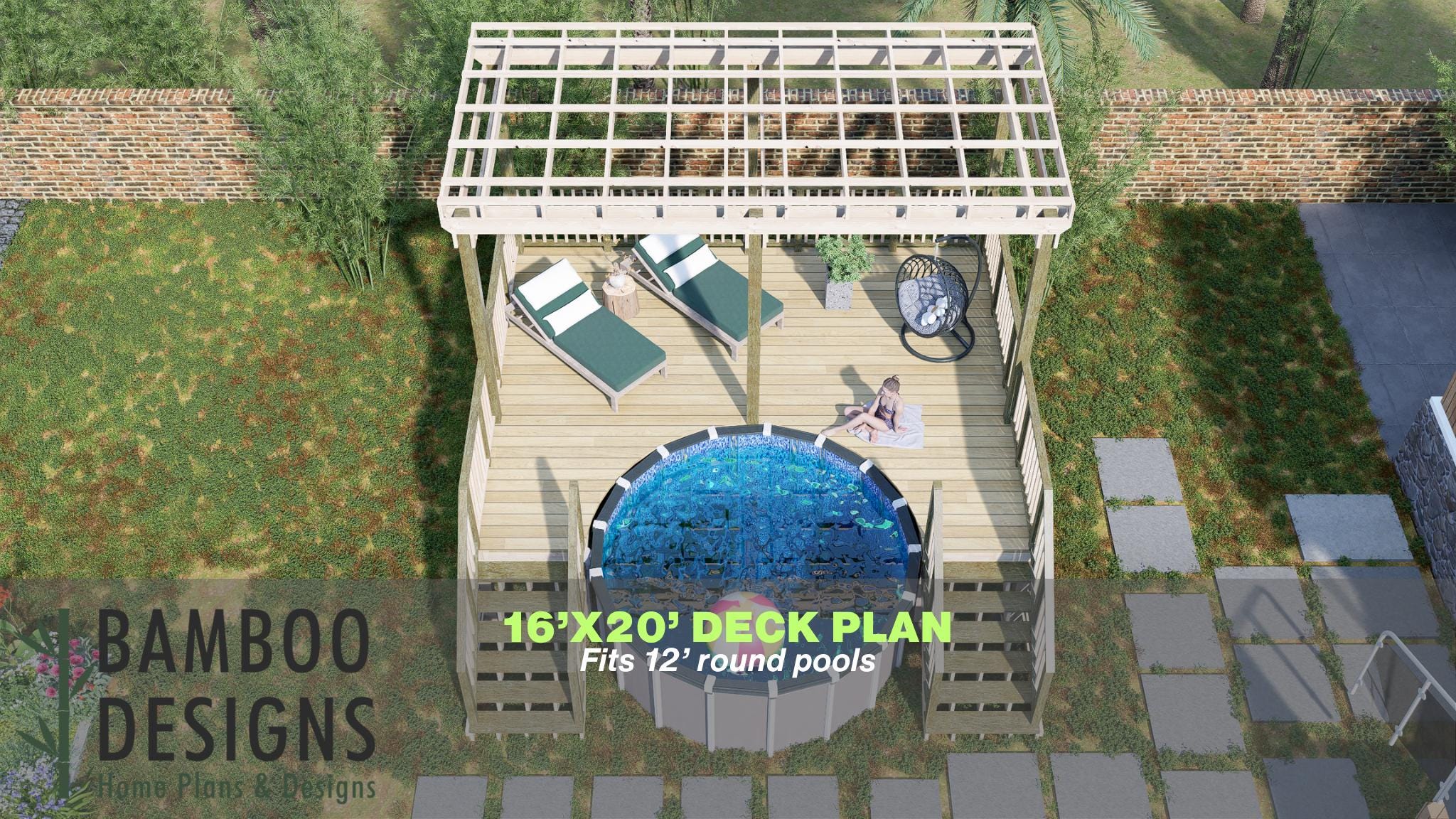 Image of Aitana Pool Deck Plan - 16x20 Large Round Pool Deck with Staircase | DIY PDF Plans