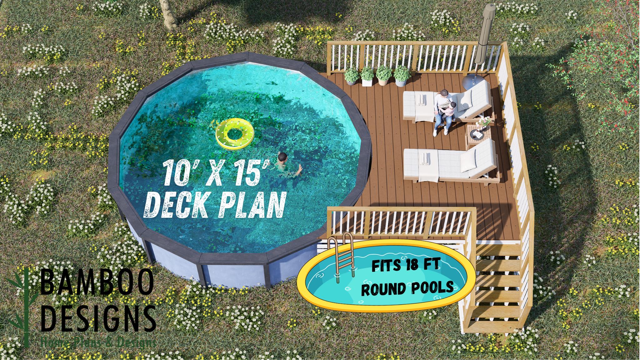 Image of Orlando 18ft Pool Deck Plan – Elevated Above-Ground Pool Deck with Railing | PDF + DWG DIY Plans