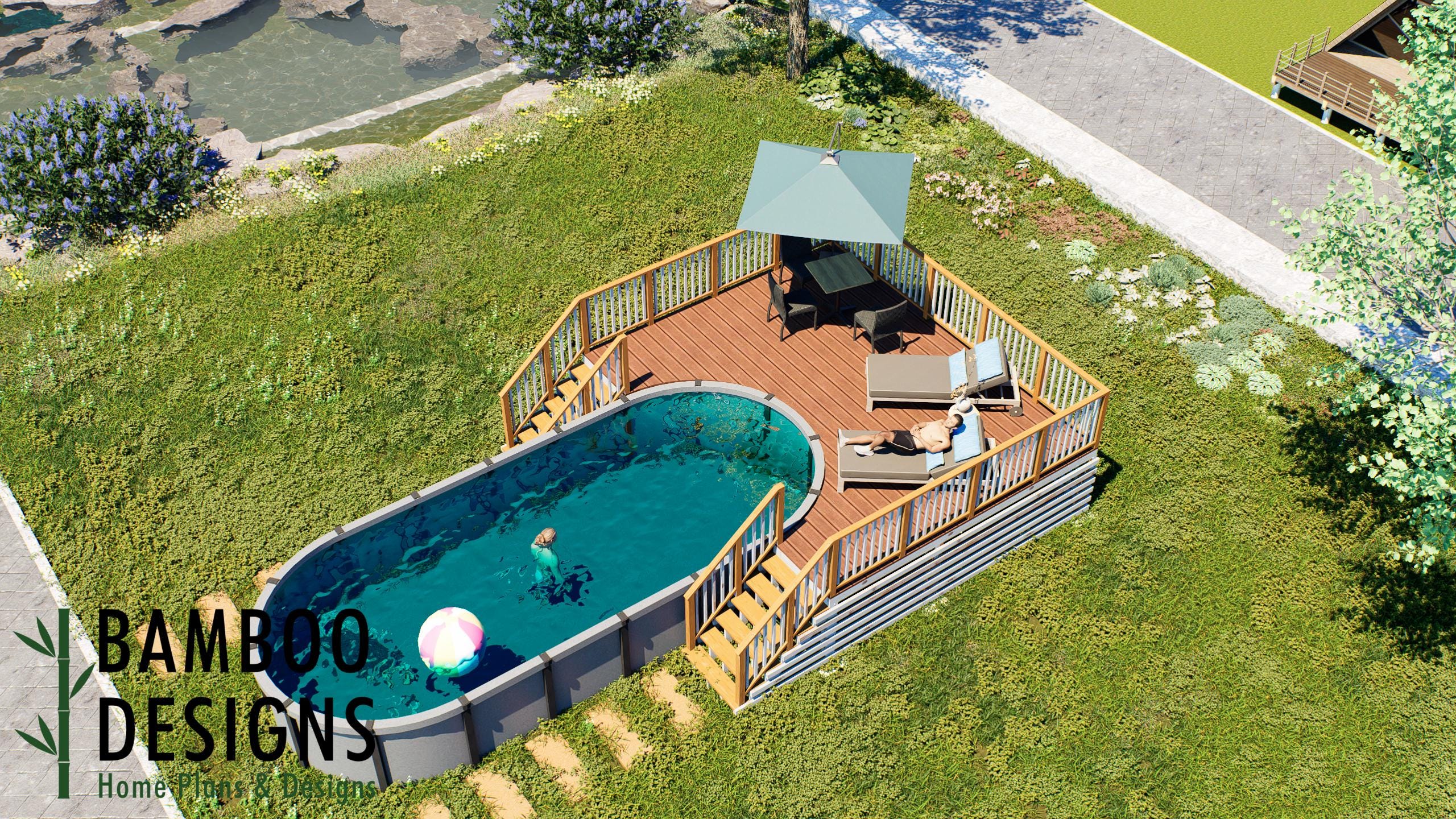 Image of Albert Oval Pool Deck Plan - 16' x 20' Above-Ground Pool Deck for 12' x 27' Oval Pools | DIY PDF Building Plans