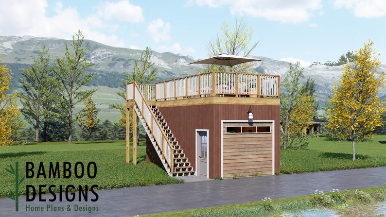 Hillhurst 12x24 Garage Plan with Deck Above Compact Garage & Elevated Outdoor Living plan by Bamboo Designs