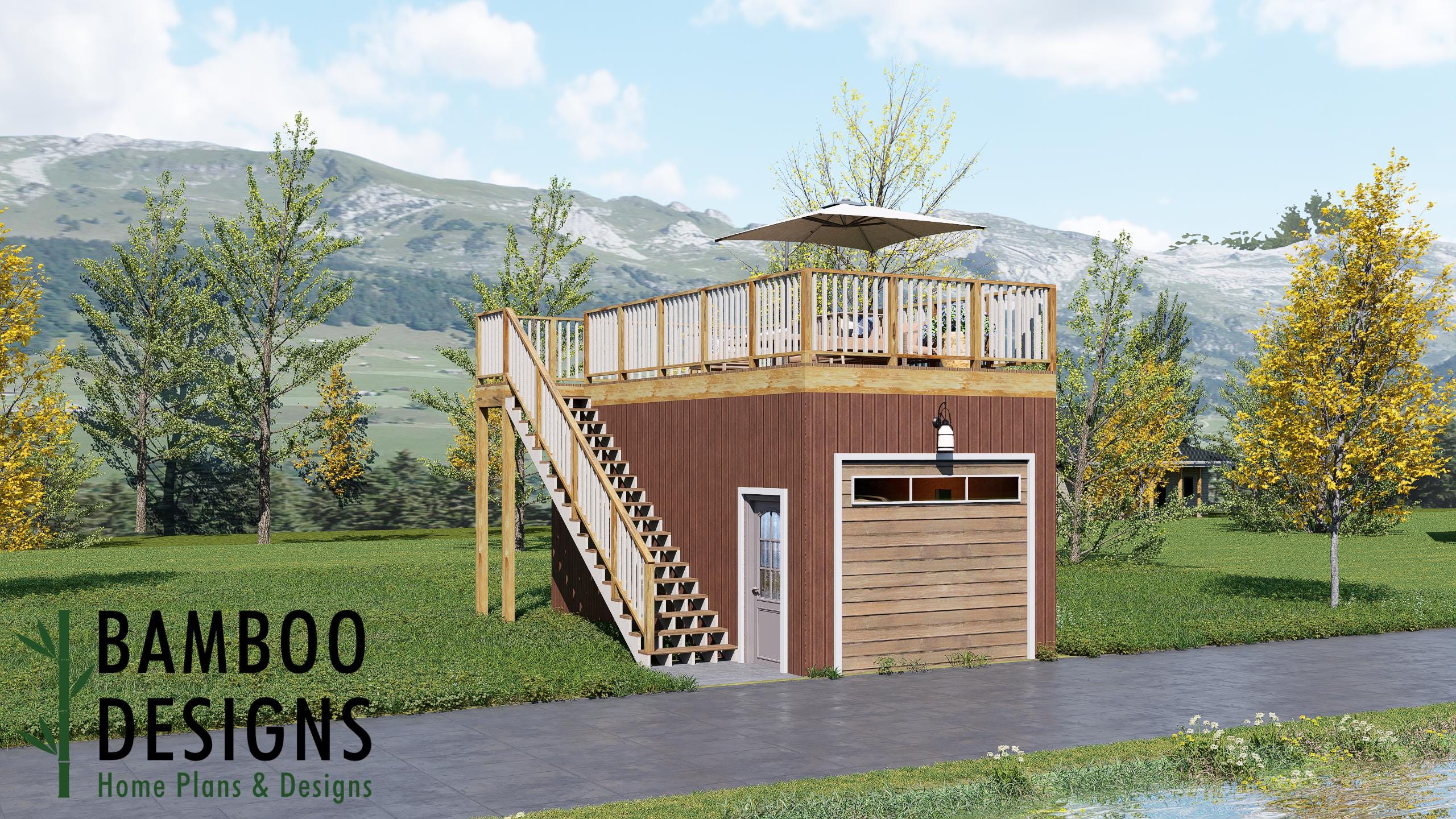 Image of Hillhurst 12x24 Garage Plan with Deck Above Compact Garage & Elevated Outdoor Living | DIY PDF Plans