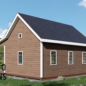 May include: A brown wooden house with a dark gray roof and white trim. The house has several windows with black frames and a small porch. The text "BAMBOO DESIGNS" is visible in the image.