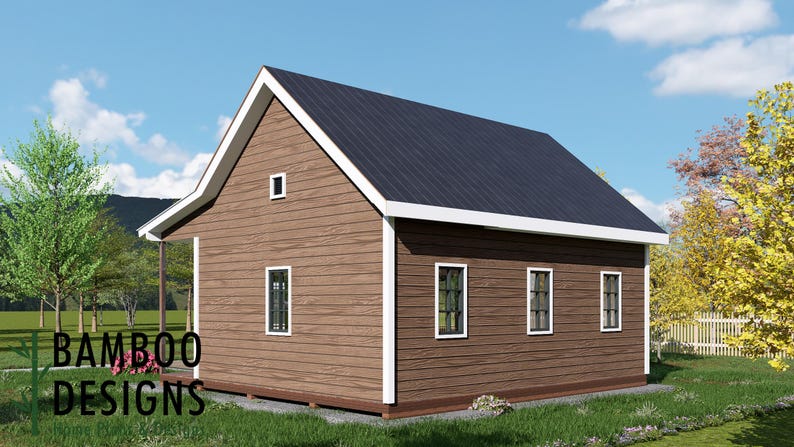 May include: A brown wooden house with a dark gray roof and white trim. The house has several windows with black frames and a small porch. The text "BAMBOO DESIGNS" is visible in the image.