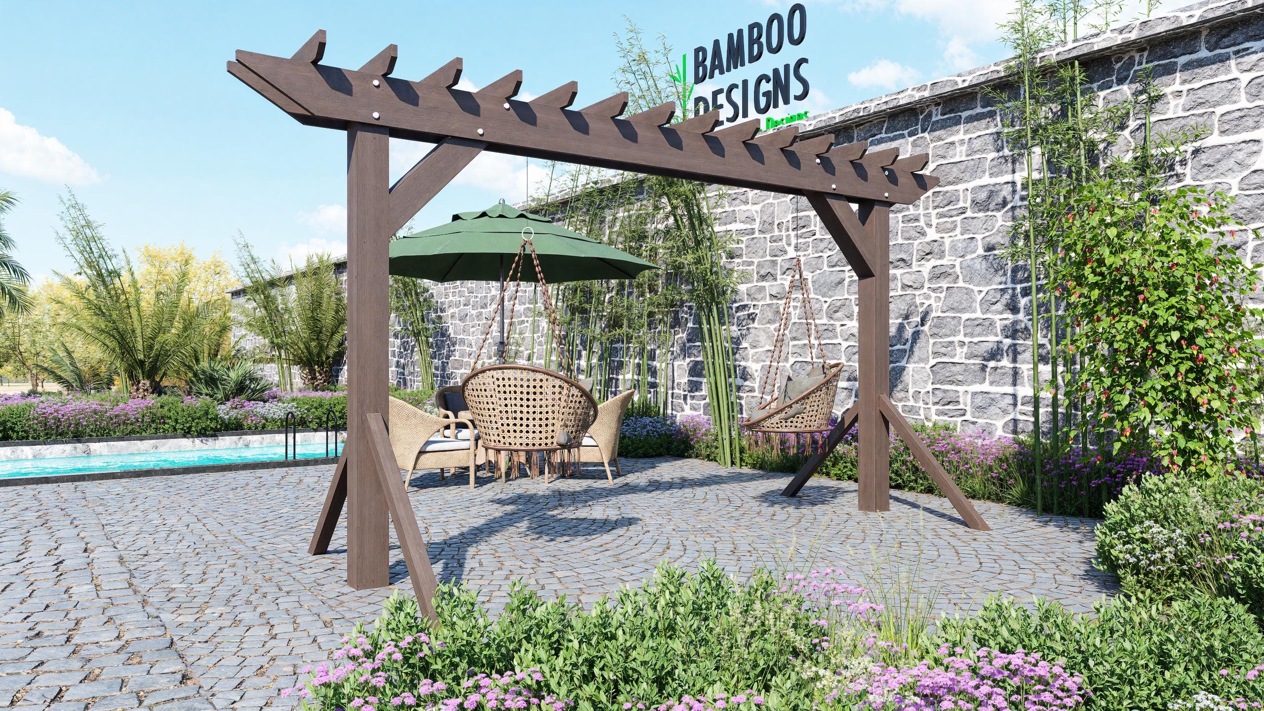 Image of Hanging Chair Pergola Frame Plans - 20ft Freestanding Swing Beam Structure - Heavy-Duty DIY PDF + DWG