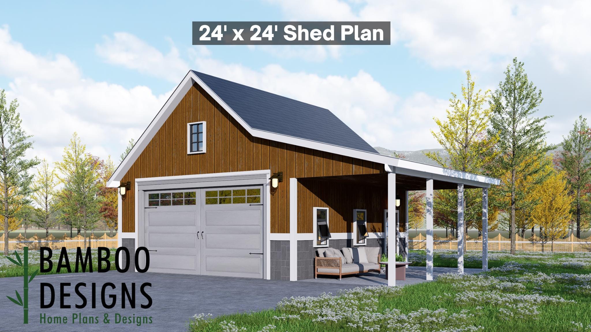 Hank 24x24 Garage Plan - A Rustic Garage + Spacious Porch for Work, Storage & Relaxation