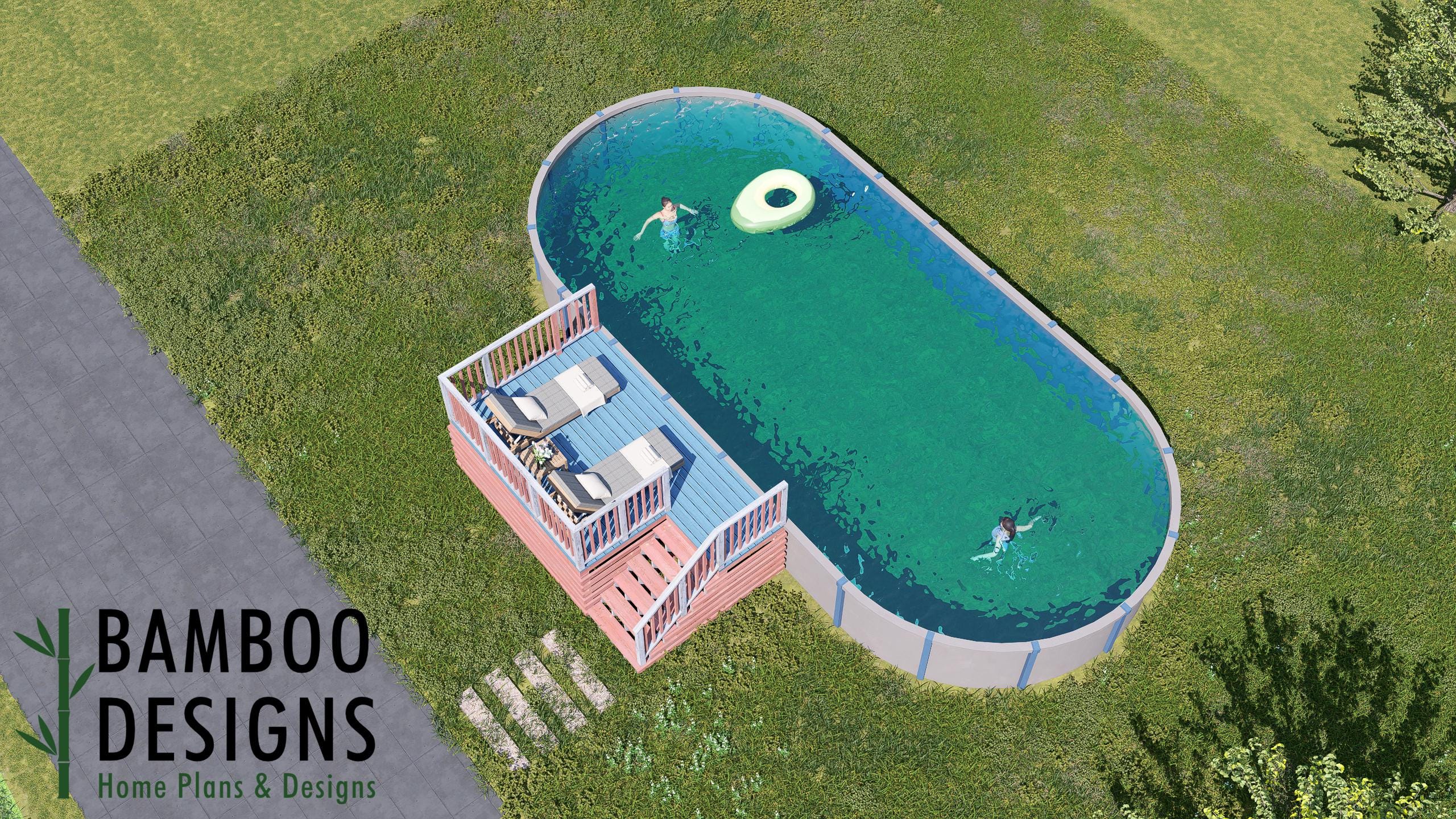 Image of Rosemary Oval Pool Deck Plan - 9'x15' Compact Above-Ground Pool Deck for 18'x40' Oval Pools with Staircase | DIY PDF Plans