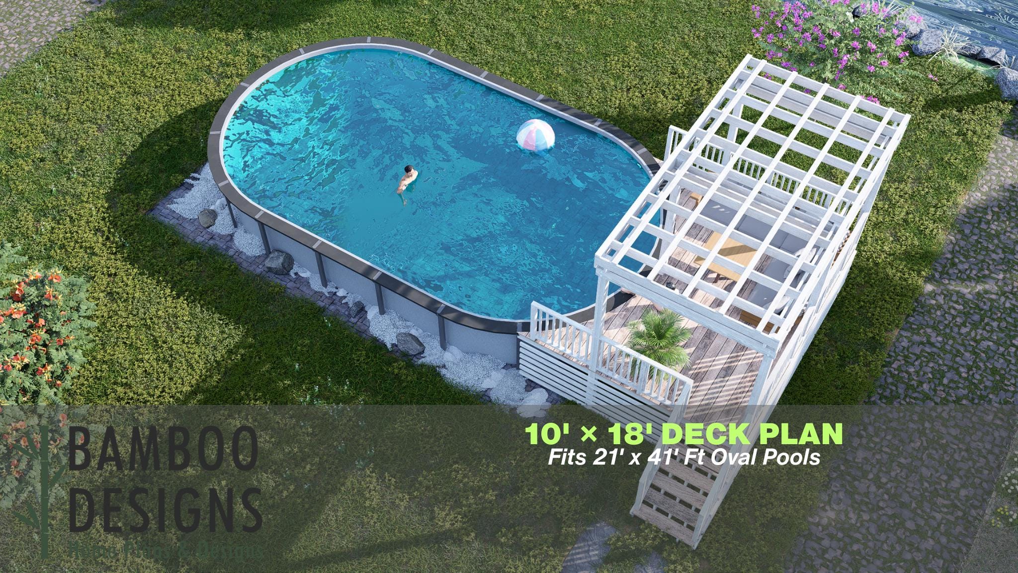 Image of Citrus Springs Oval Pool Deck Plan - 10x18 Deck with Pergola & 6-Step Entry | DIY PDF Plans