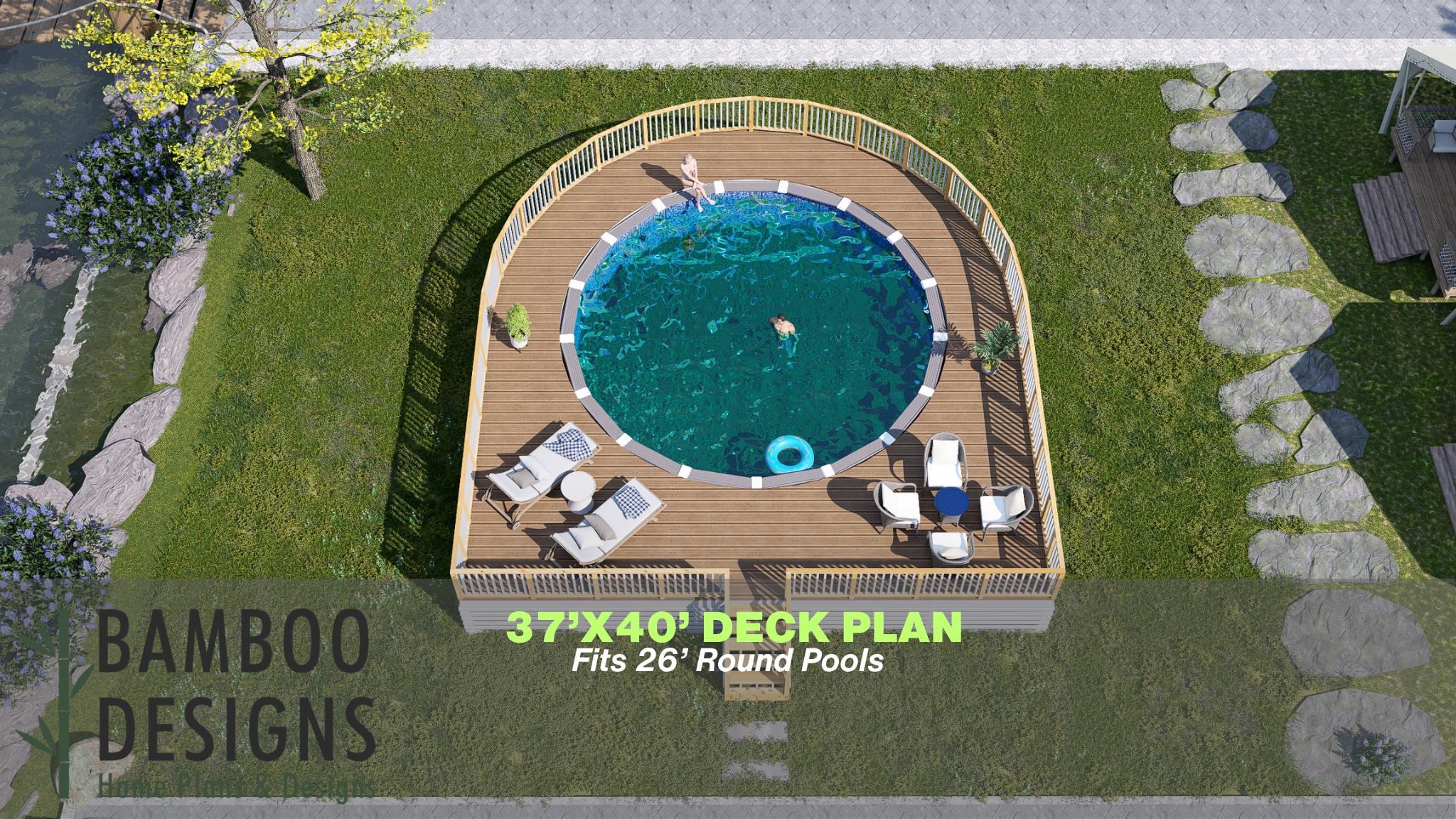 Image of Volde Pool Deck Plan – 37x40 Extra-Large Above-Ground Pool Deck for 26’ Round Pools | Luxury DIY PDF Plans