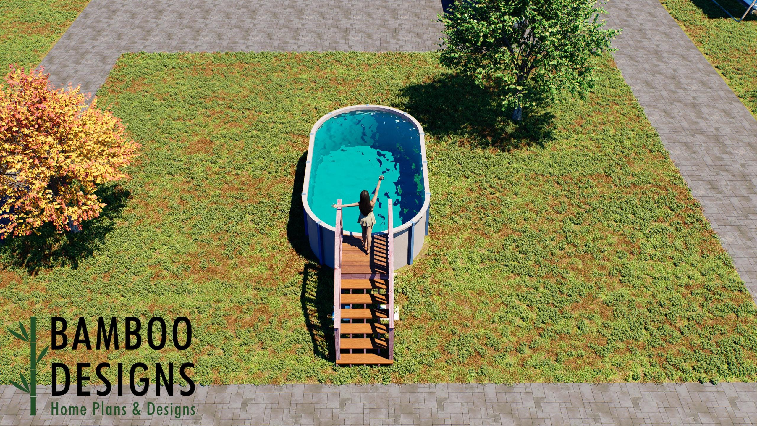 Image of Kimi Oval Pool Deck Plan - 4x4 Compact Above-Ground Pool Entry Deck with Staircase | DIY PDF Plans