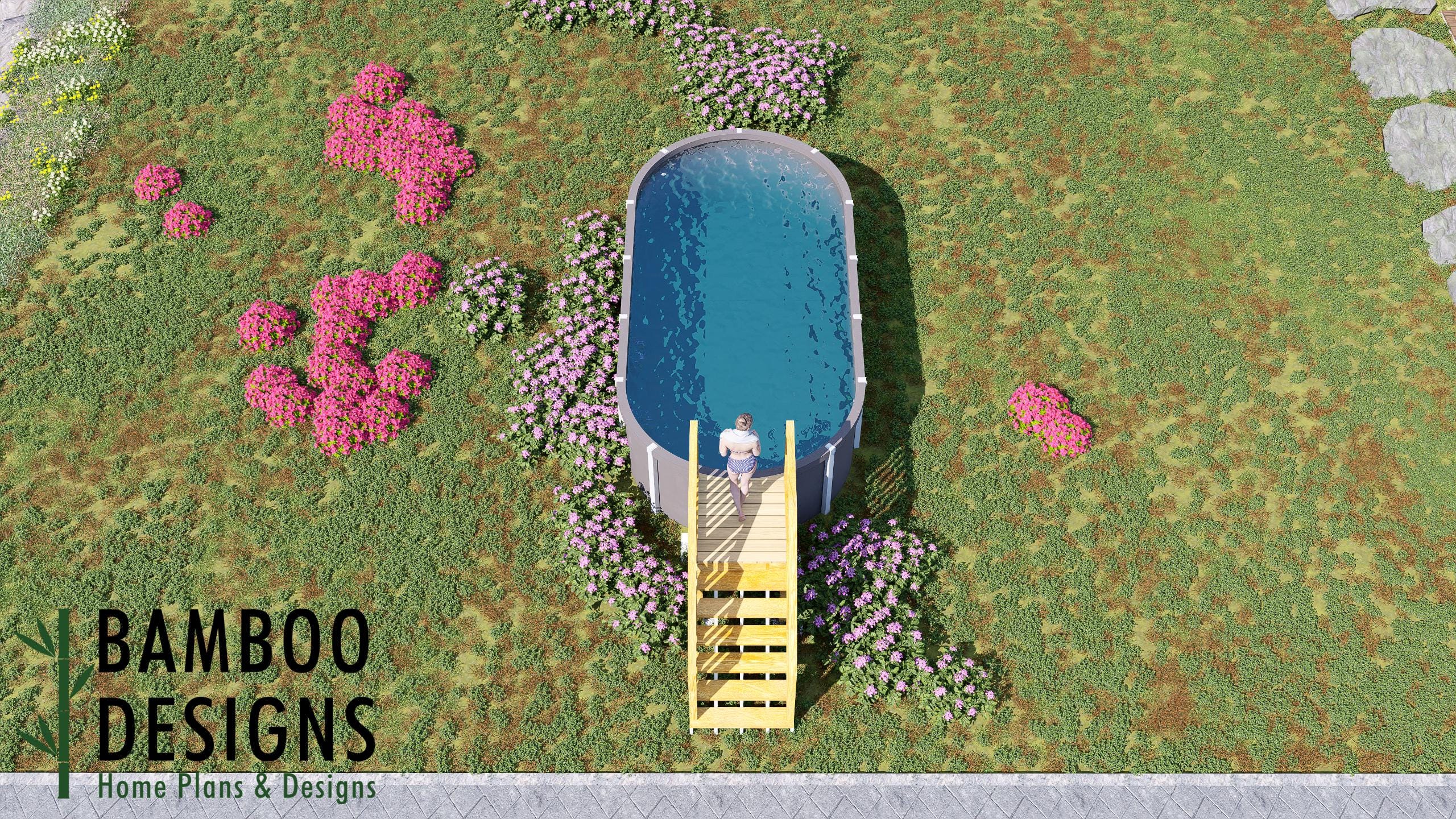 Image of Mulaney Oval Pool Deck Plan - 4x4 Compact Above-Ground Pool Entry Deck with 5-Step Staircase | DIY PDF Plans