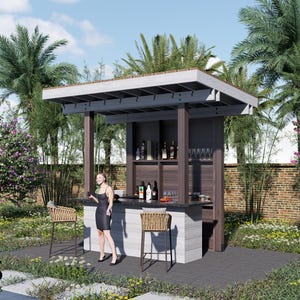 May include: Outdoor bar structure with a gray countertop, dark wood accents, and a white base. The bar is stocked with bottles and glasses. The scene includes palm trees, flowering trees, and the text "BAMBOO DESIGNS Home Plans & Designs."